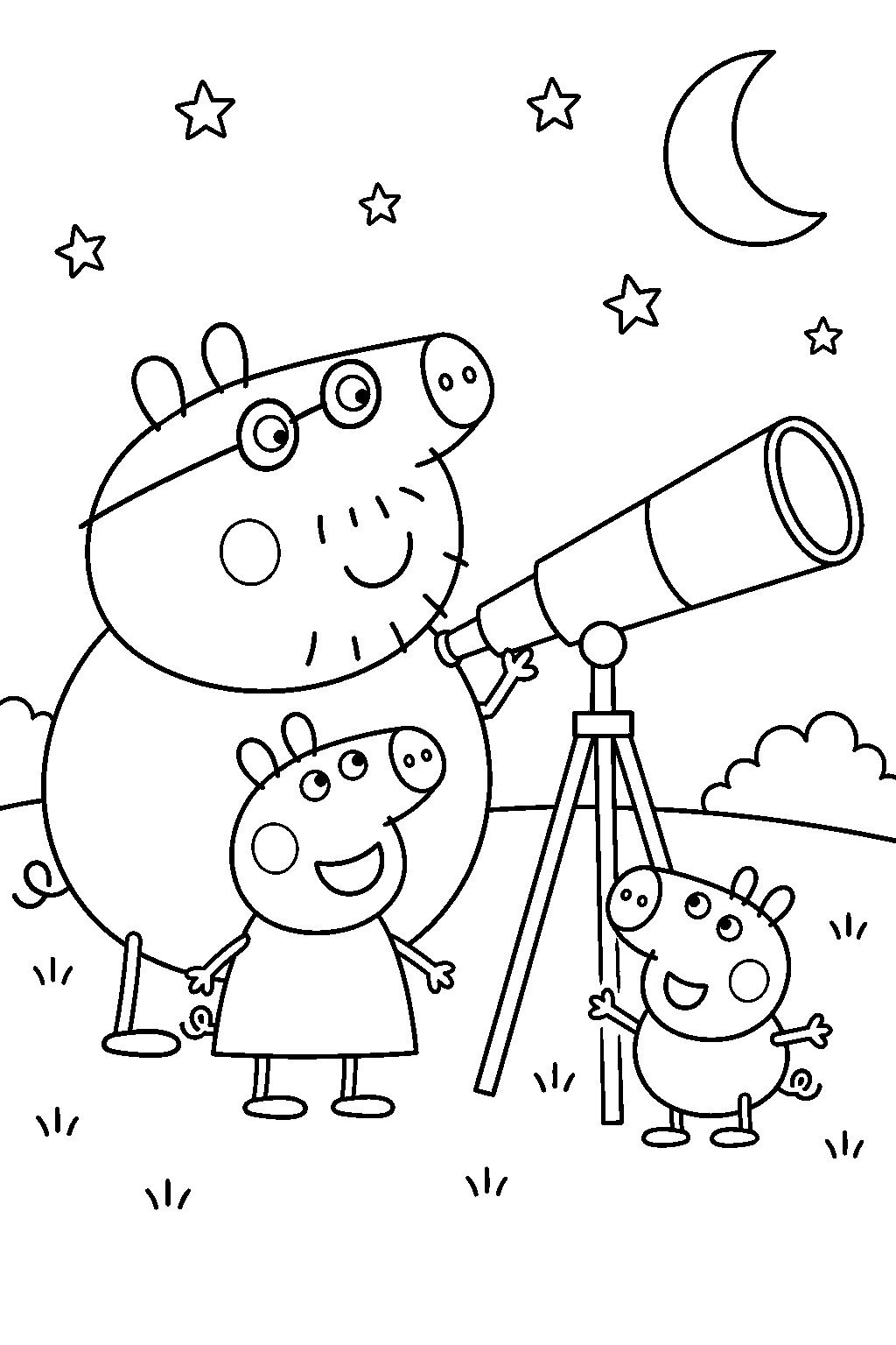 daddy pig showing peppa and george the stars through a telescope line art