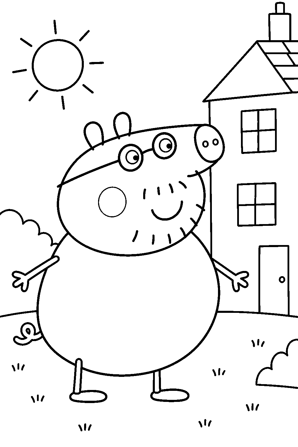 daddy pig smiling in his round glasses outside the family house line art