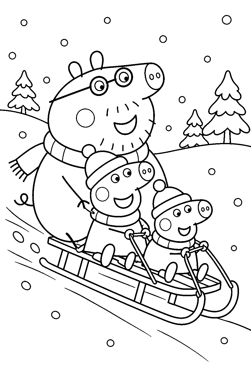 daddy pig taking peppa and george for a snowy sledge ride line art