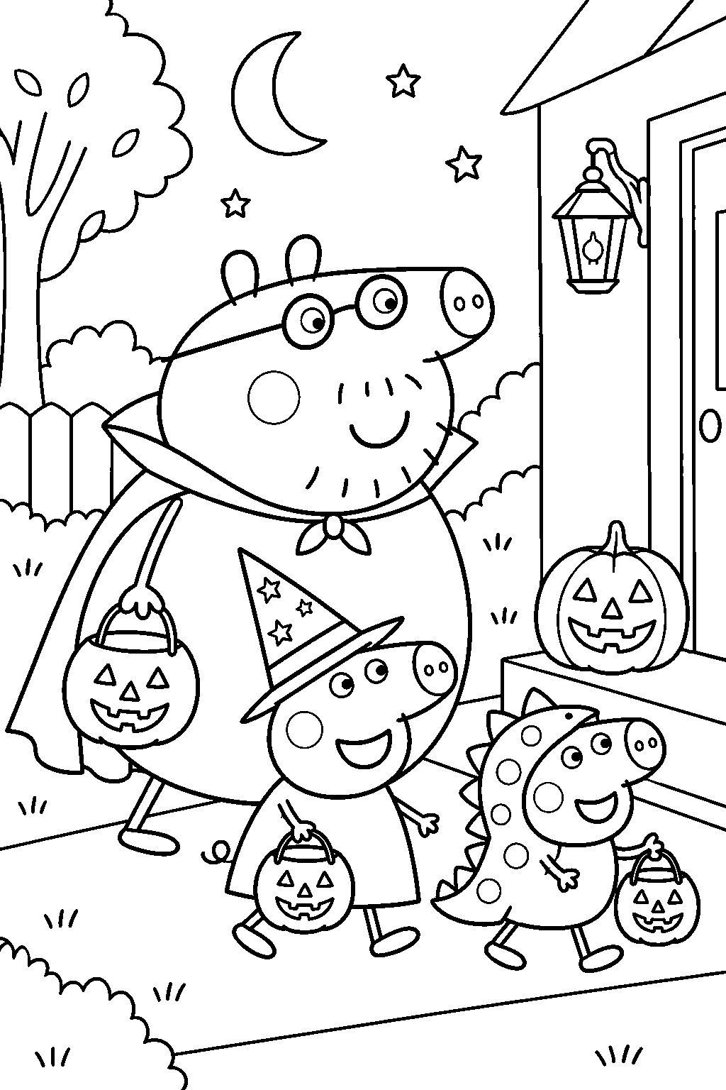 daddy pig taking peppa and george trick or treating on halloween line art