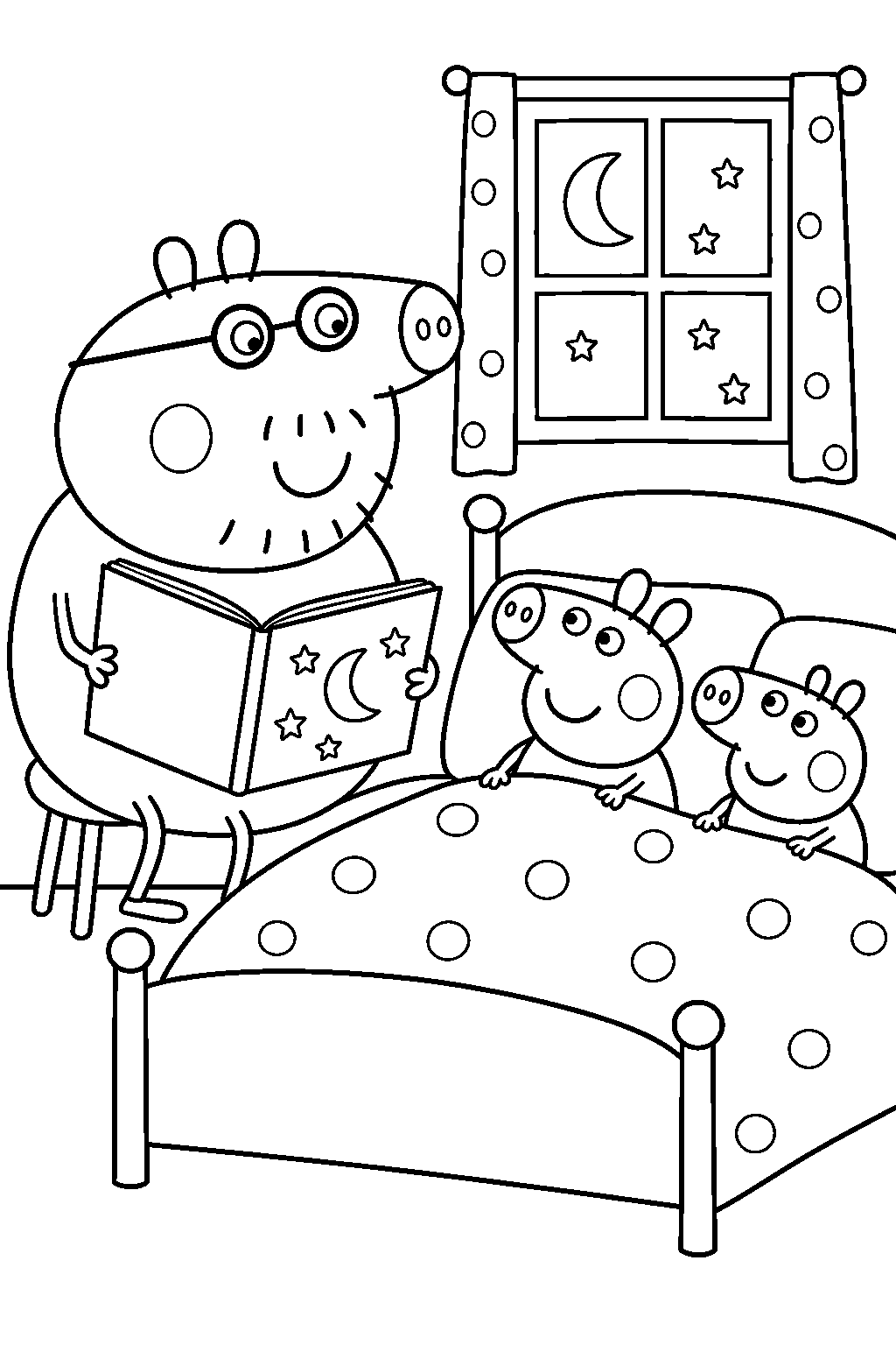 daddy pig telling peppa and george a bedtime story line art