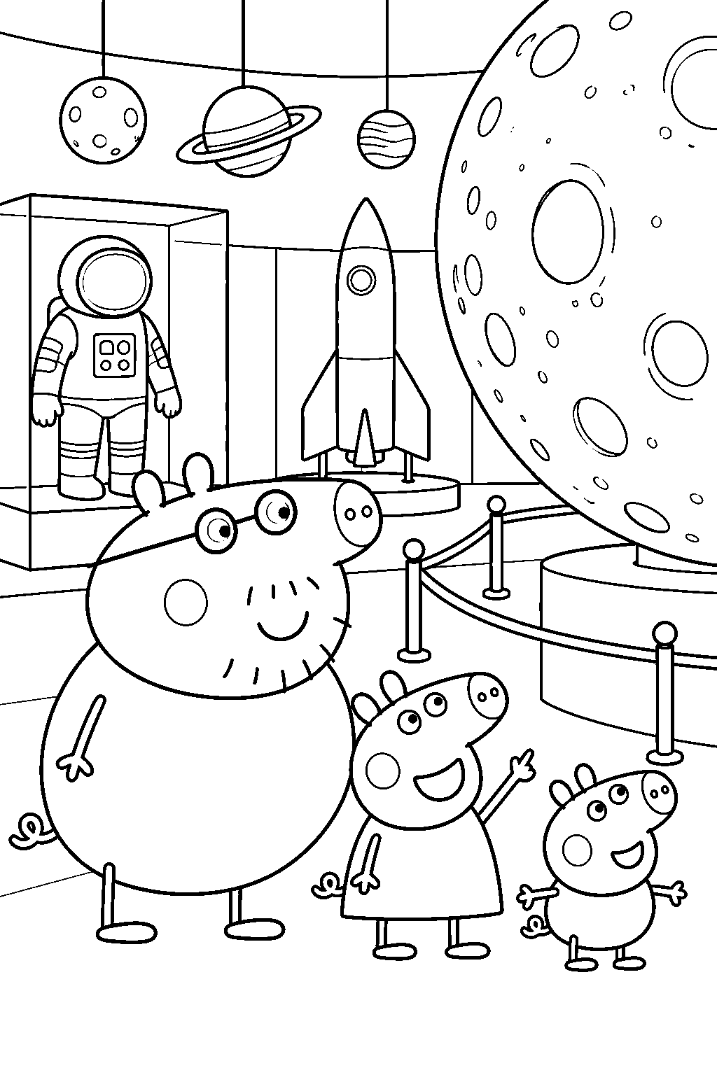 daddy pig visiting the museum s moon exhibition with peppa and george line art