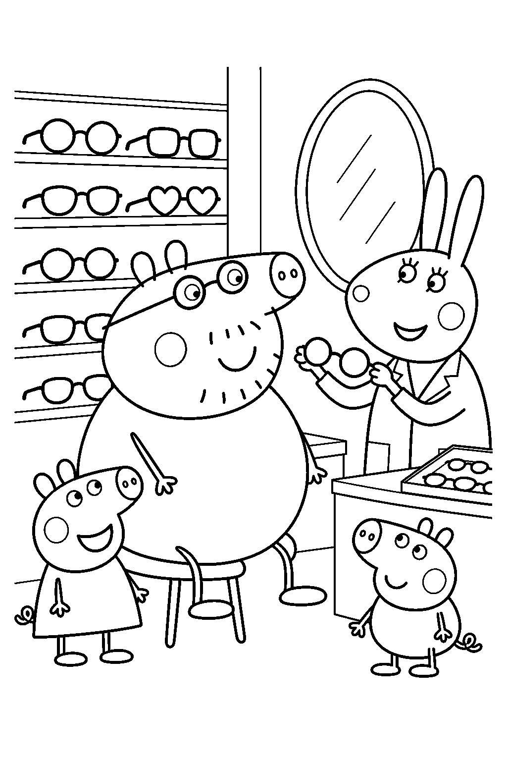 daddy pig visiting the optician for new glasses with peppa and george line art