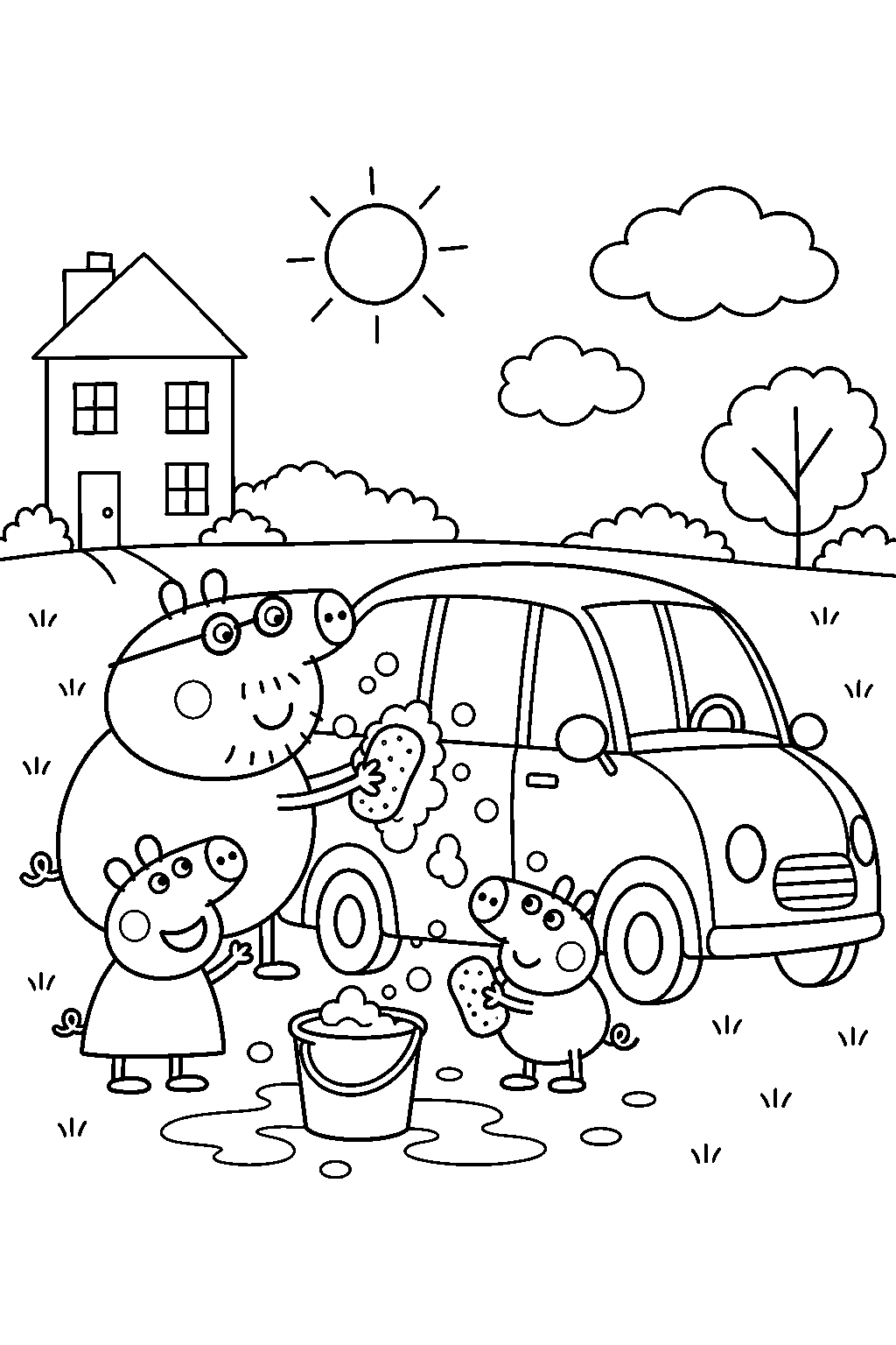 daddy pig washing the family car with a sponge and bucket line art