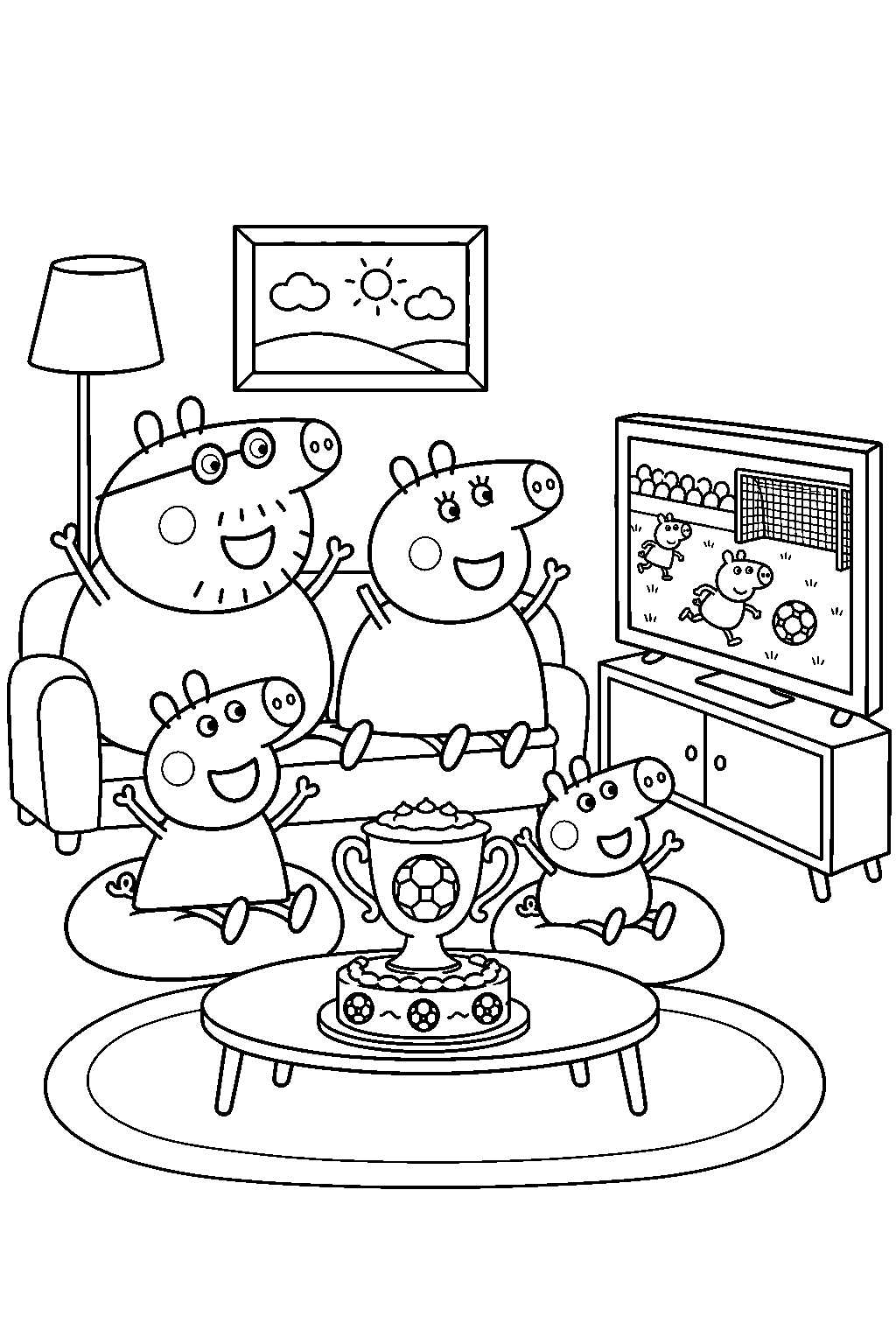 daddy pig watching football with his family beside a trophy shaped cake line art