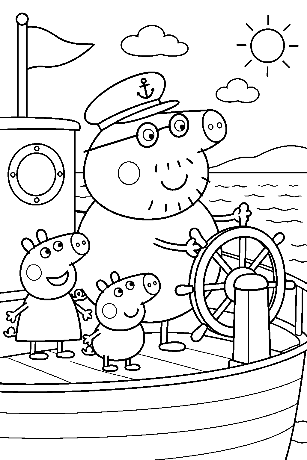 daddy pig wearing a captain s hat and steering grandpa pig s boat line art