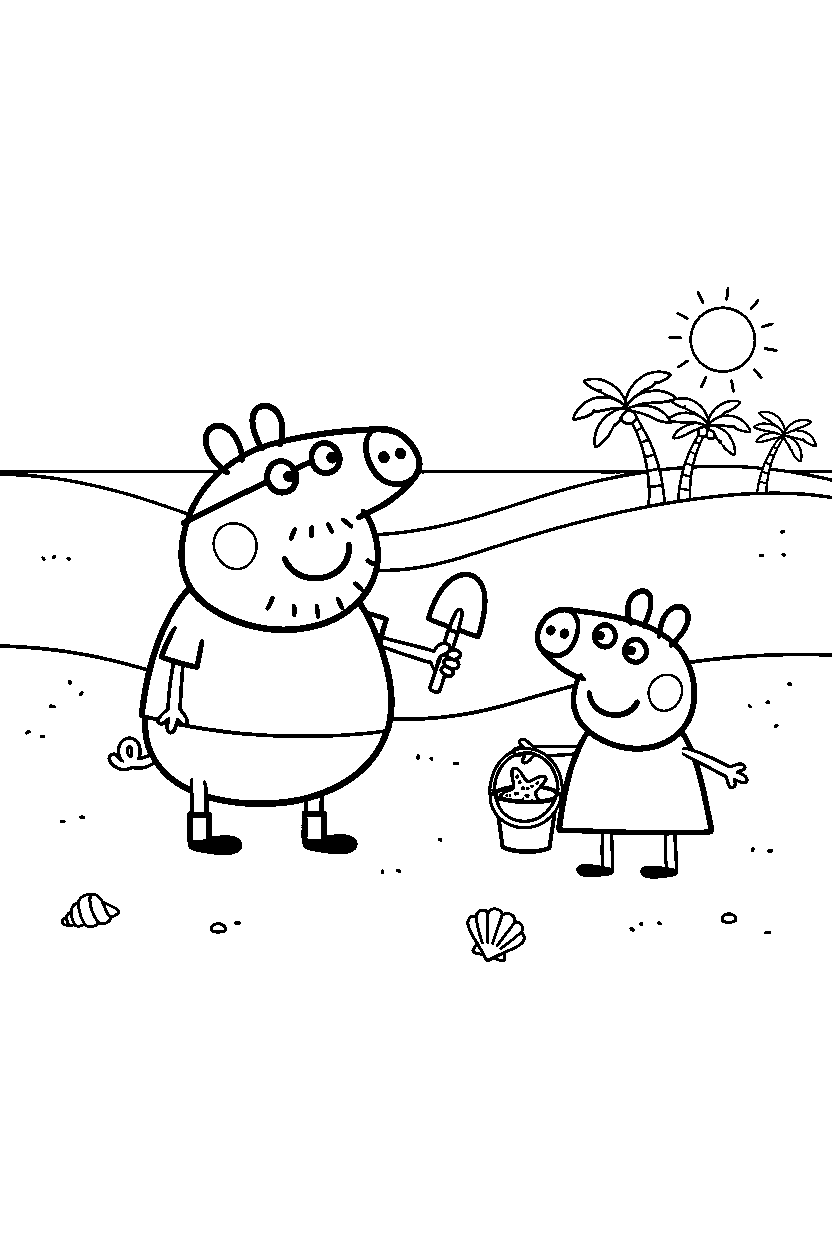 peppa pig daddy pig exploring in sand line art