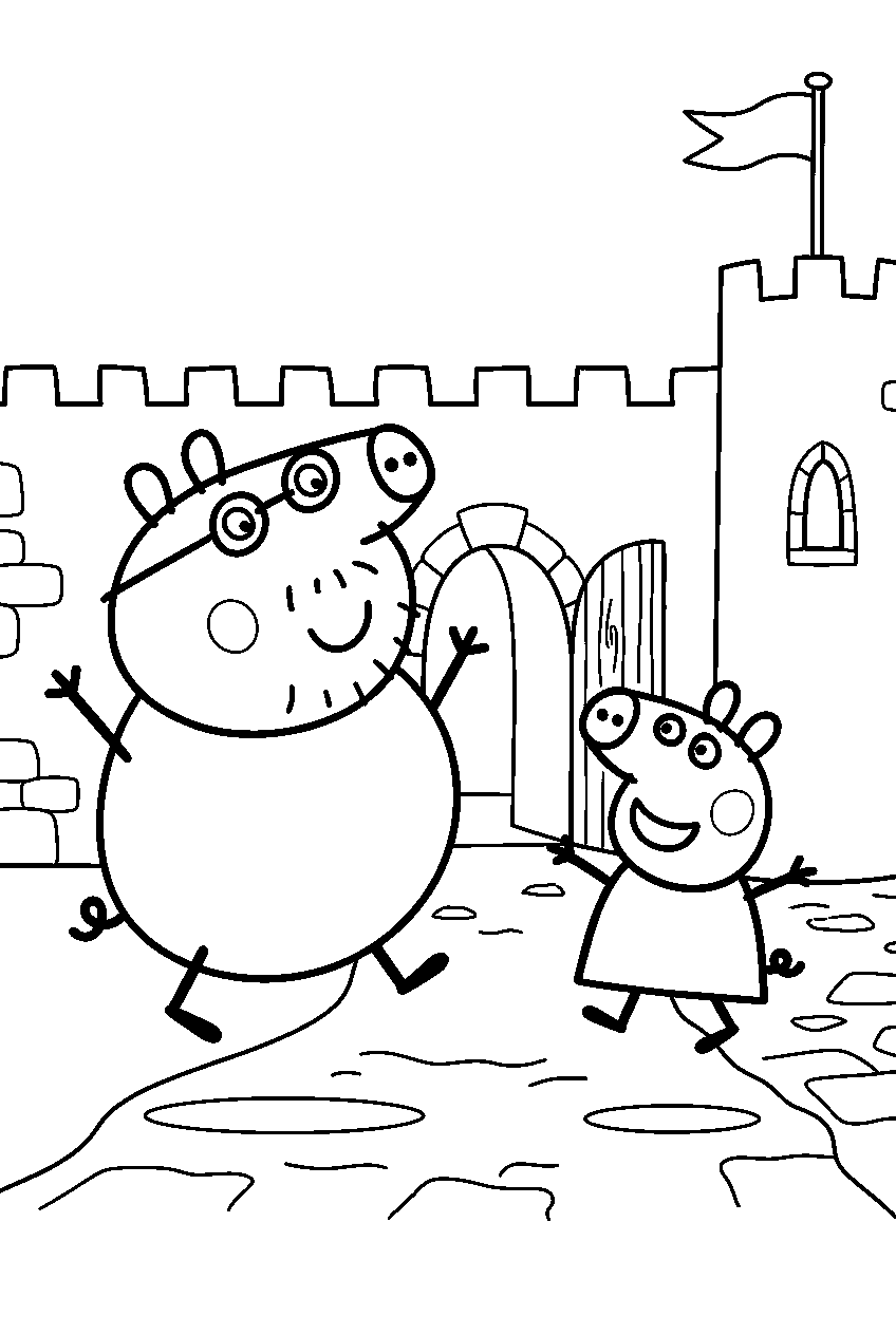 peppa pig daddy pig jumping in castle line art