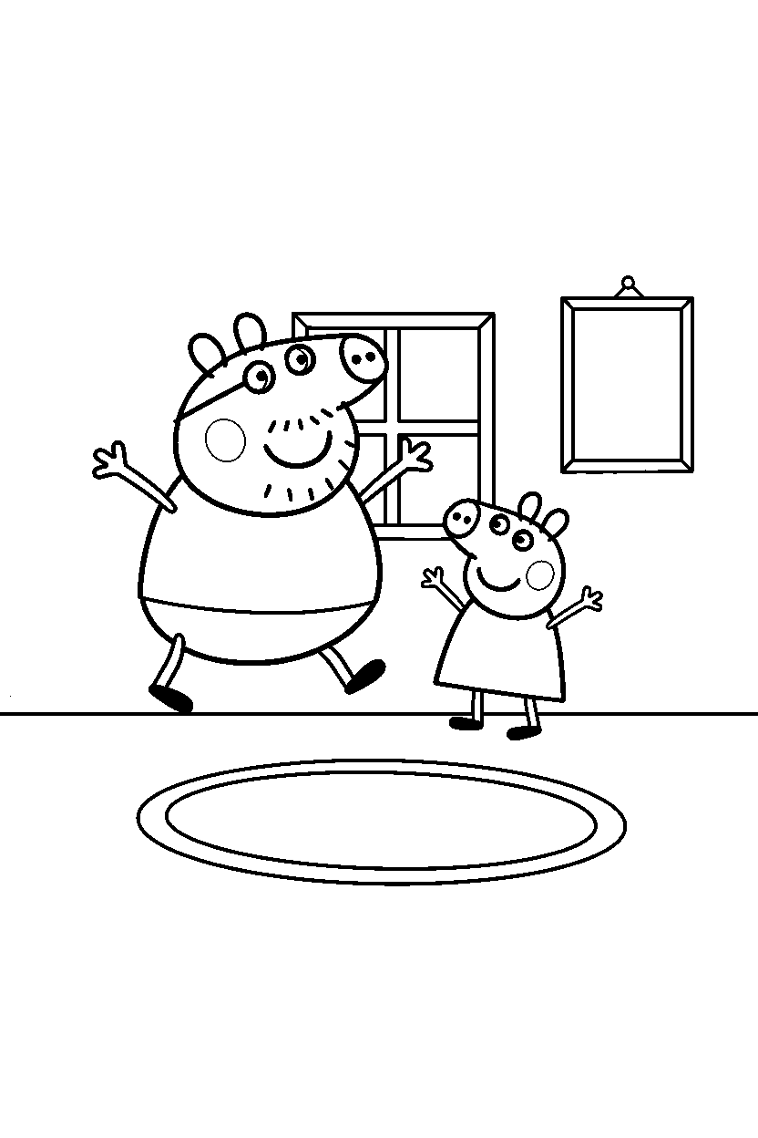 peppa pig daddy pig jumping in simple room line art