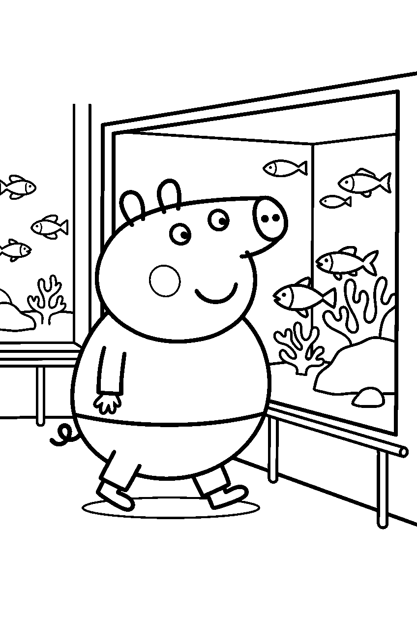 peppa pig daddy pig looking around in aquarium line art