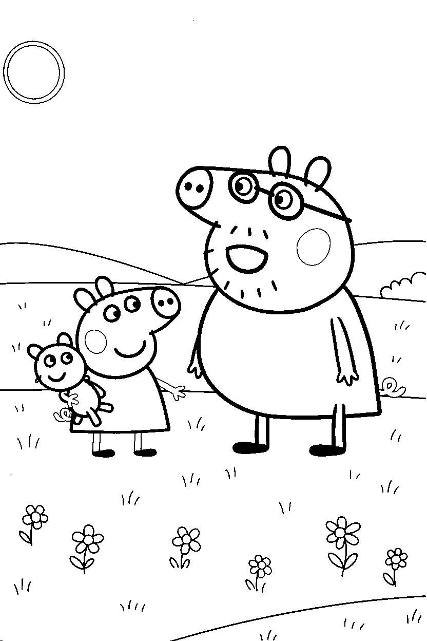 peppa pig daddy pig looking around in open field line art