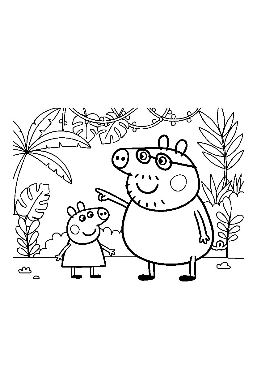peppa pig daddy pig pointing in jungle line art