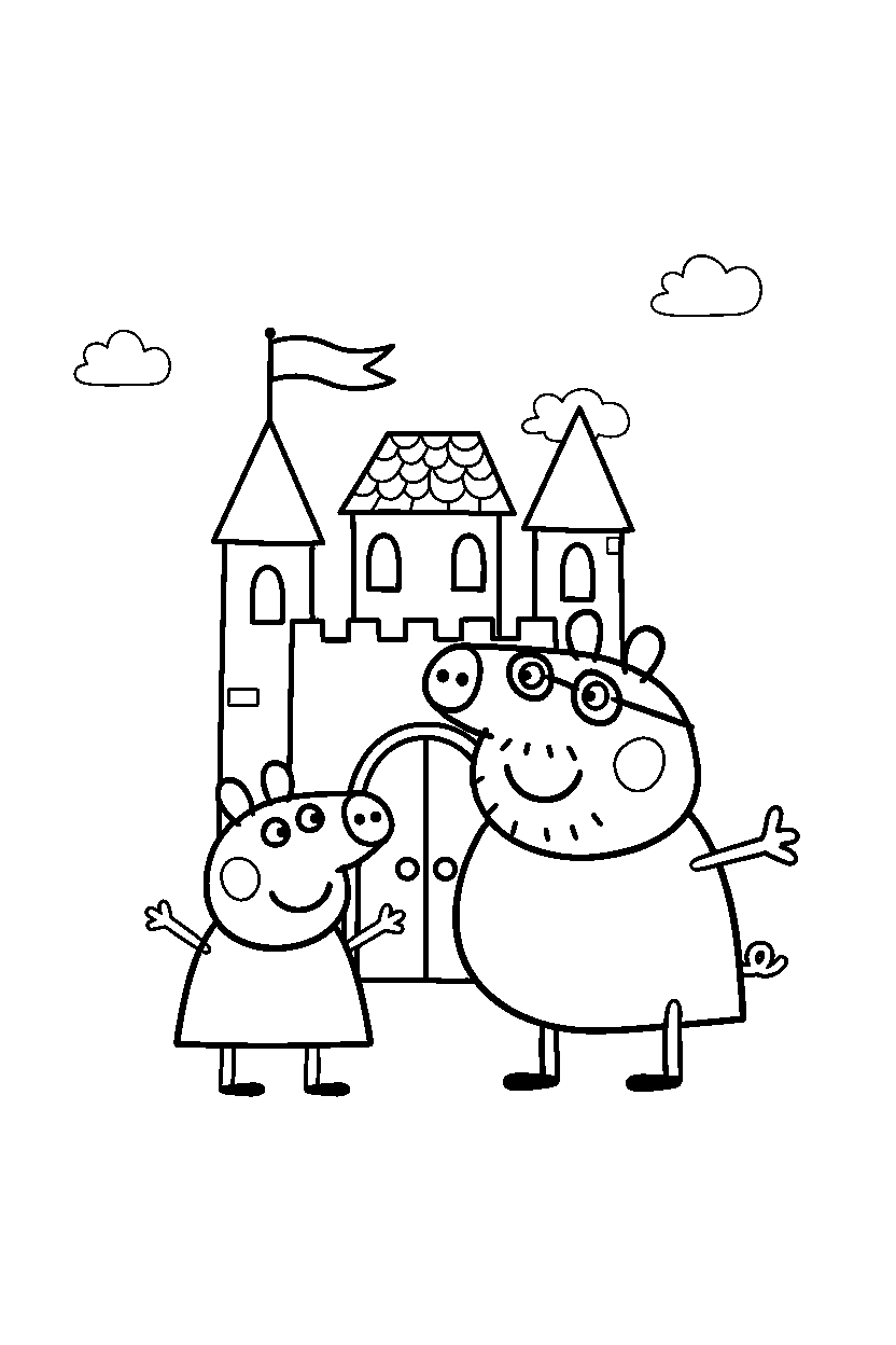 peppa pig daddy pig posing in castle line art