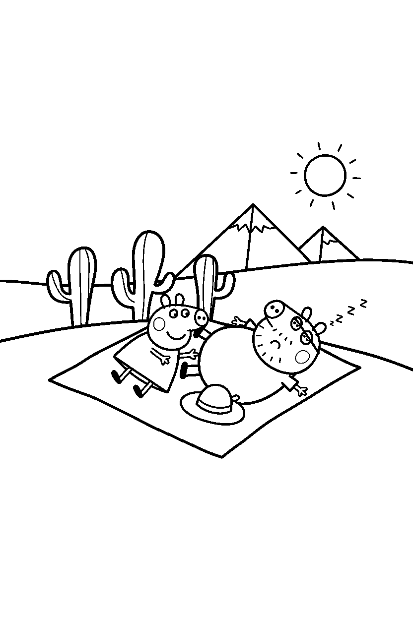 peppa pig daddy pig resting in desert line art