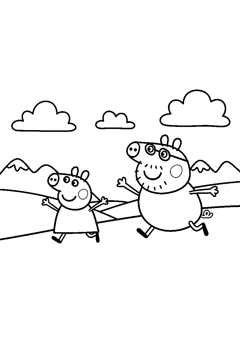 peppa pig daddy pig running in valley line art