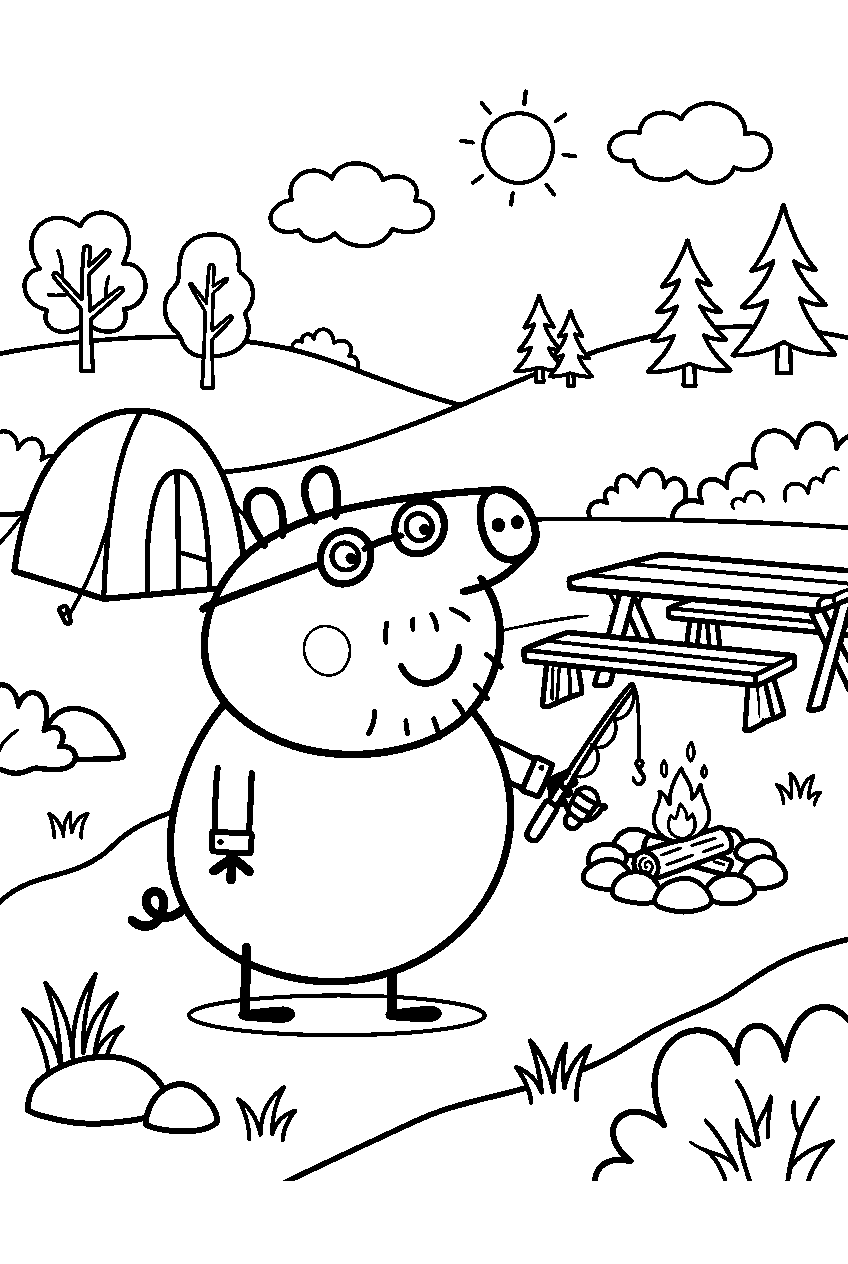peppa pig daddy pig standing in camping area line art