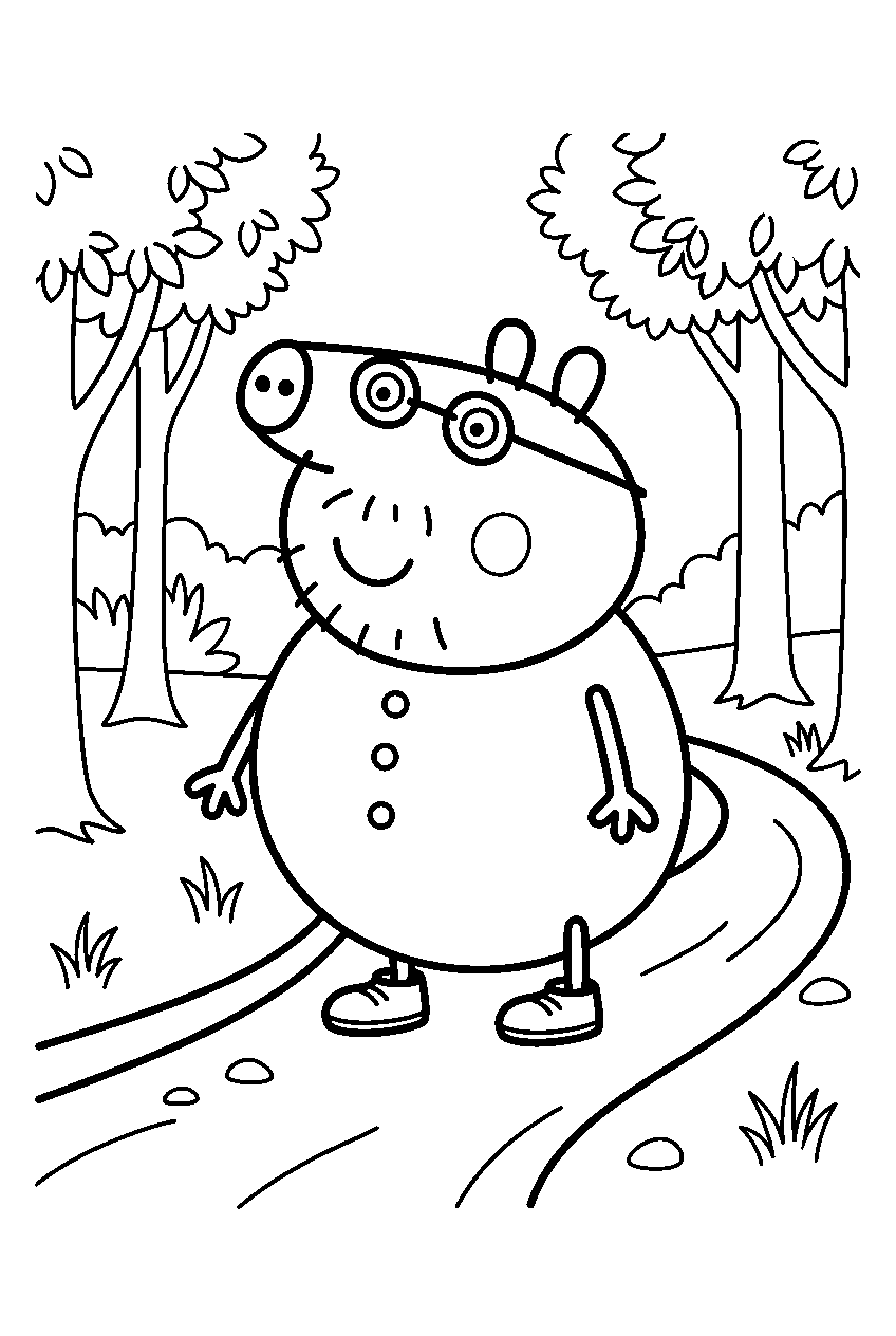 peppa pig daddy pig standing in forest trail line art