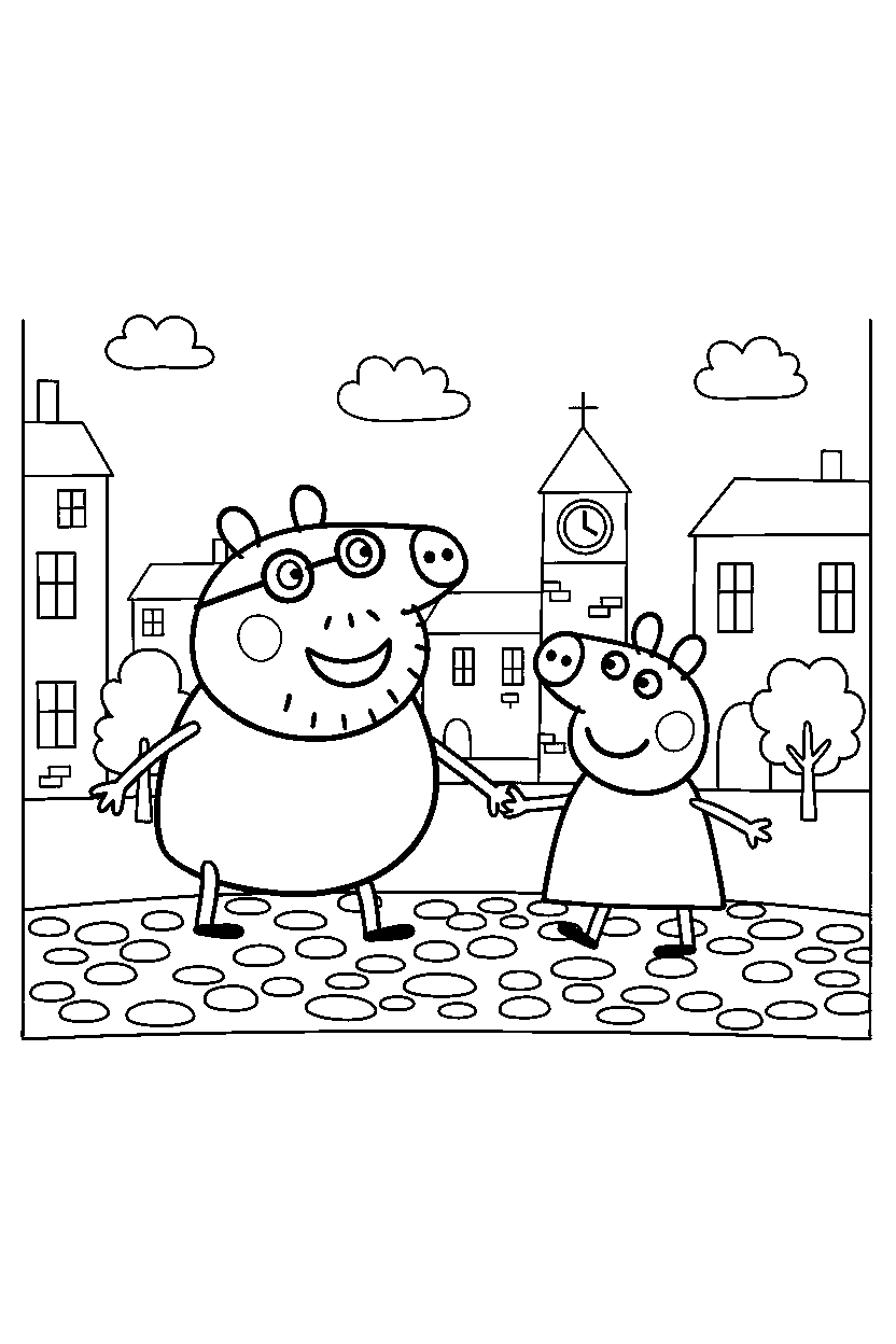 peppa pig daddy pig walking in town line art
