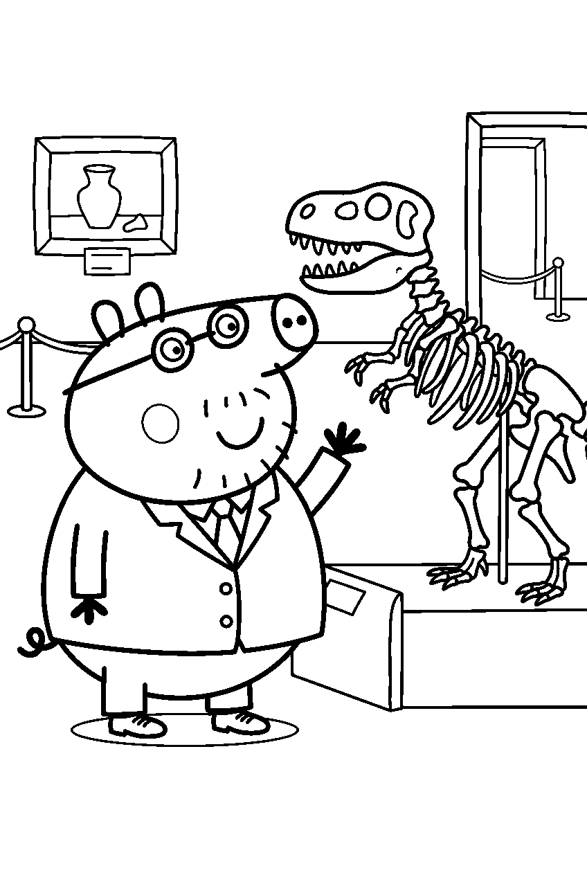 peppa pig daddy pig waving in museum line art