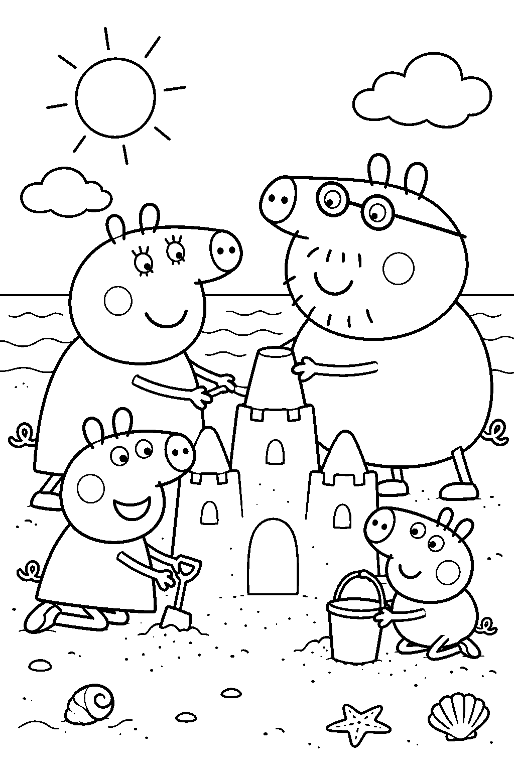 peppa pig building a sandcastle with george mummy pig and daddy pig at the beach line art