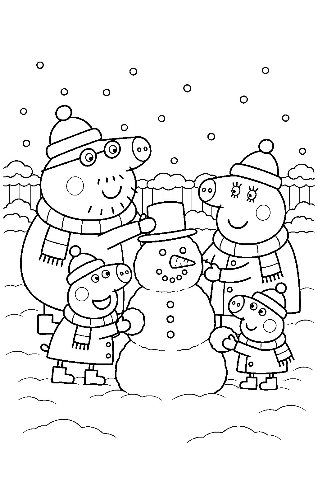 peppa pig building a snowman with george mummy pig and daddy pig in the snowy garden line art