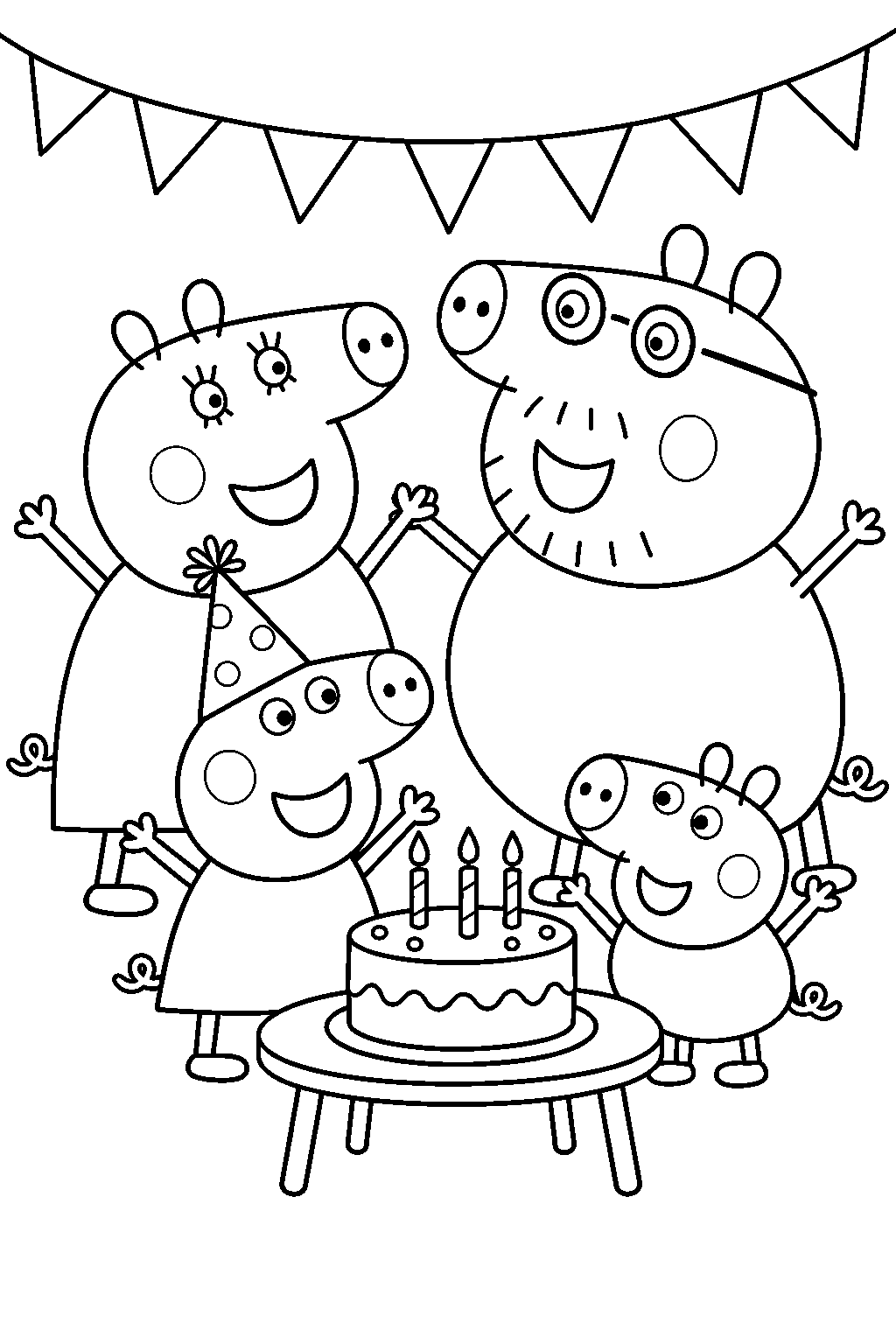 peppa pig celebrating her birthday with george mummy pig and daddy pig around a birthday cake line art