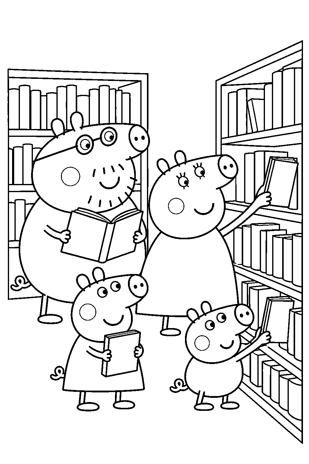 peppa pig choosing books with george mummy pig and daddy pig at the library line art