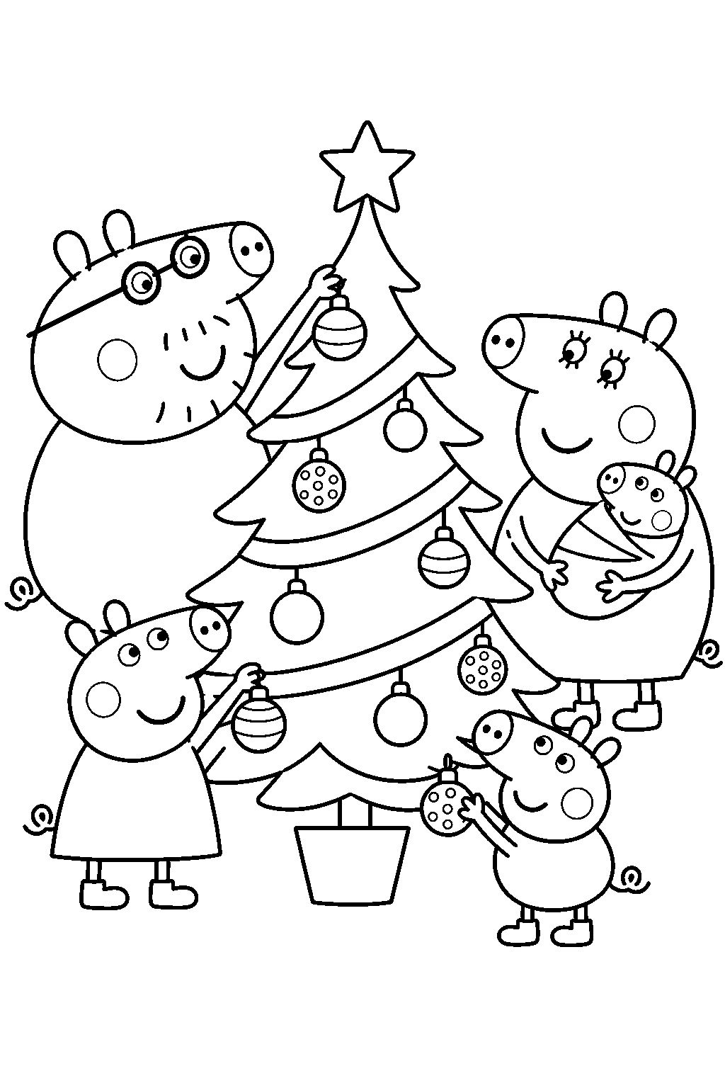 peppa pig decorating a christmas tree with george mummy pig daddy pig and baby evie line art