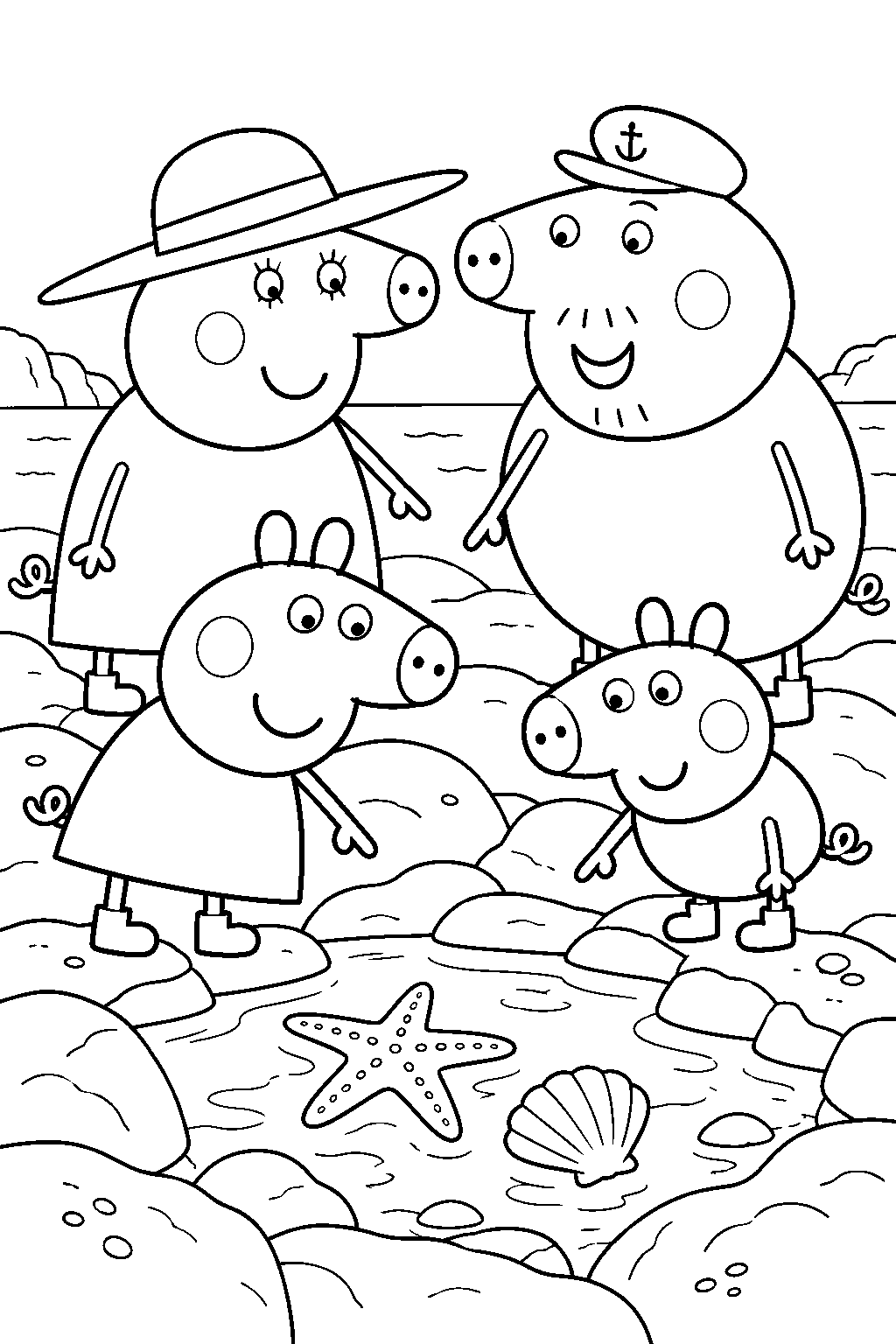 peppa pig exploring seaside rock pools with george granny pig and grandpa pig line art