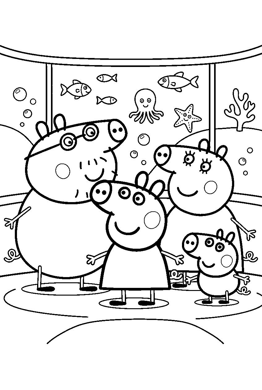 peppa pig family in aquarium line art