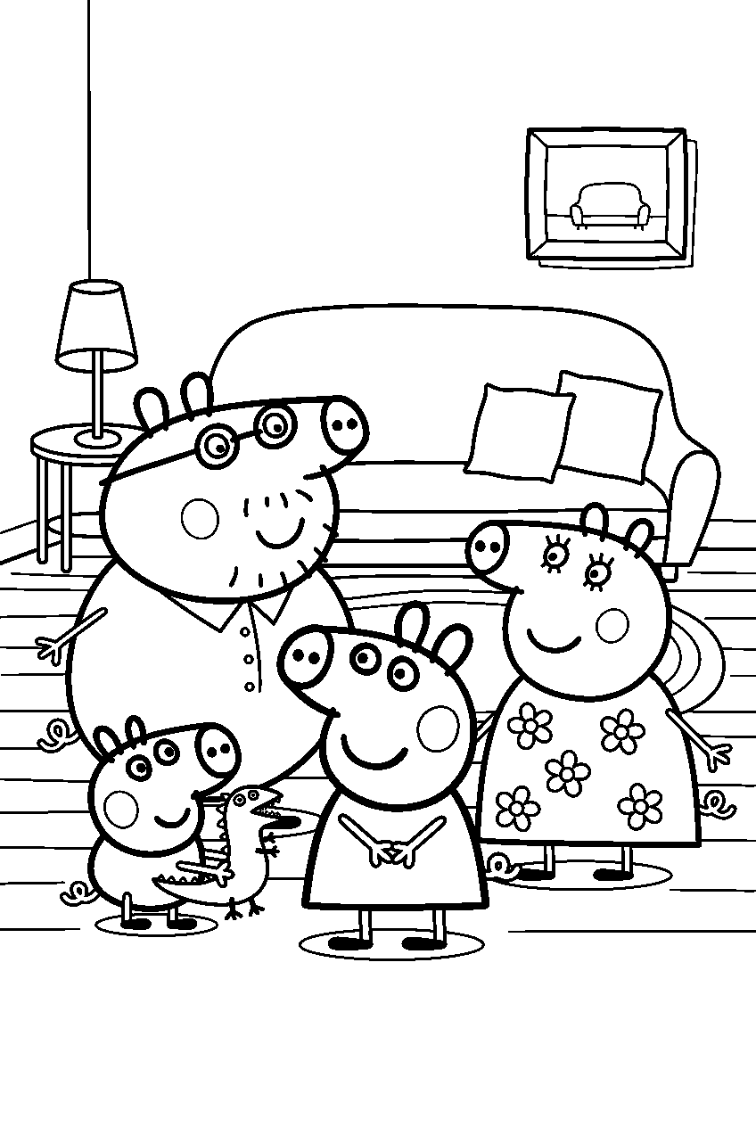 peppa pig family in family living room line art