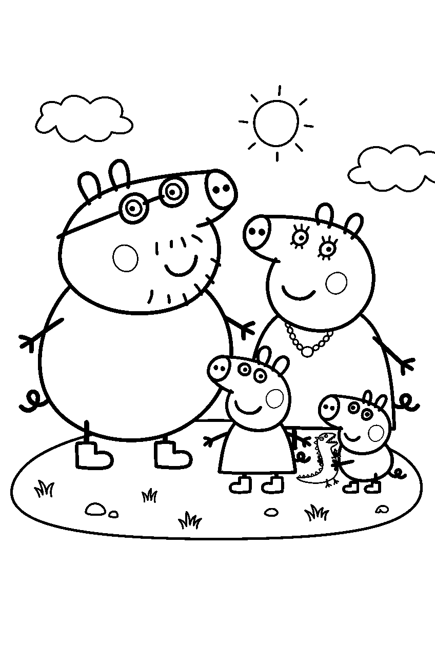 peppa pig family in grassy hill line art