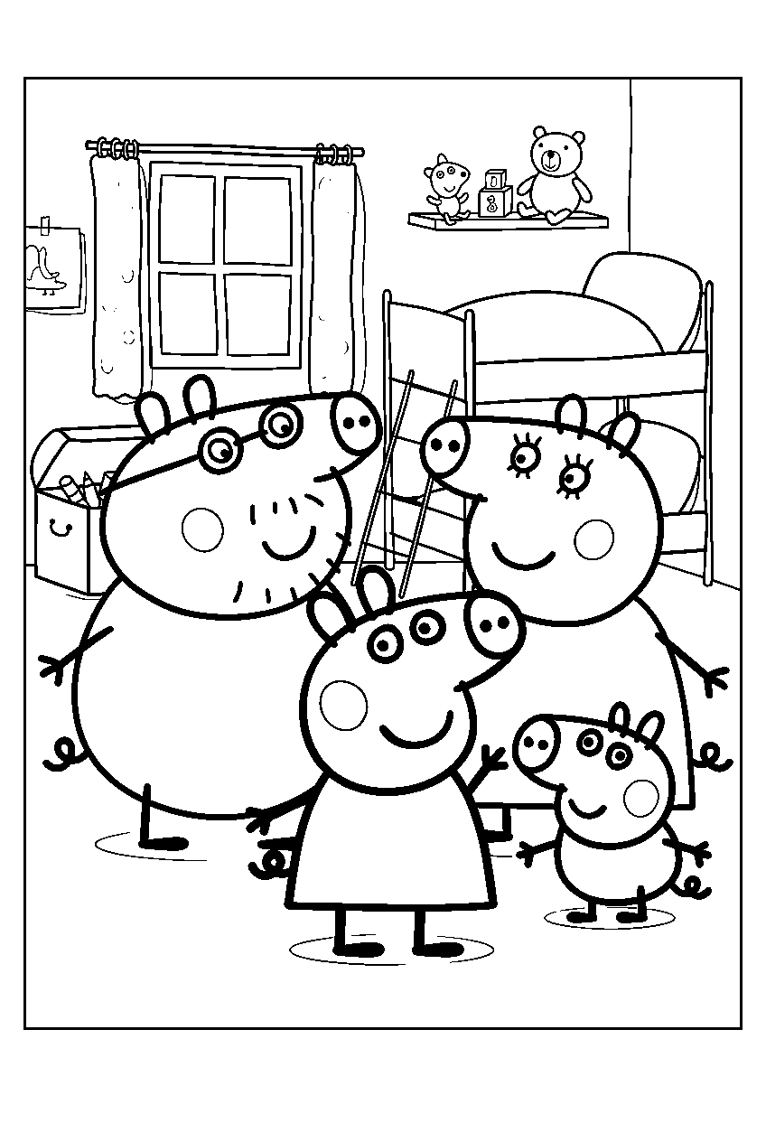 peppa pig family in peppa s bedroom line art