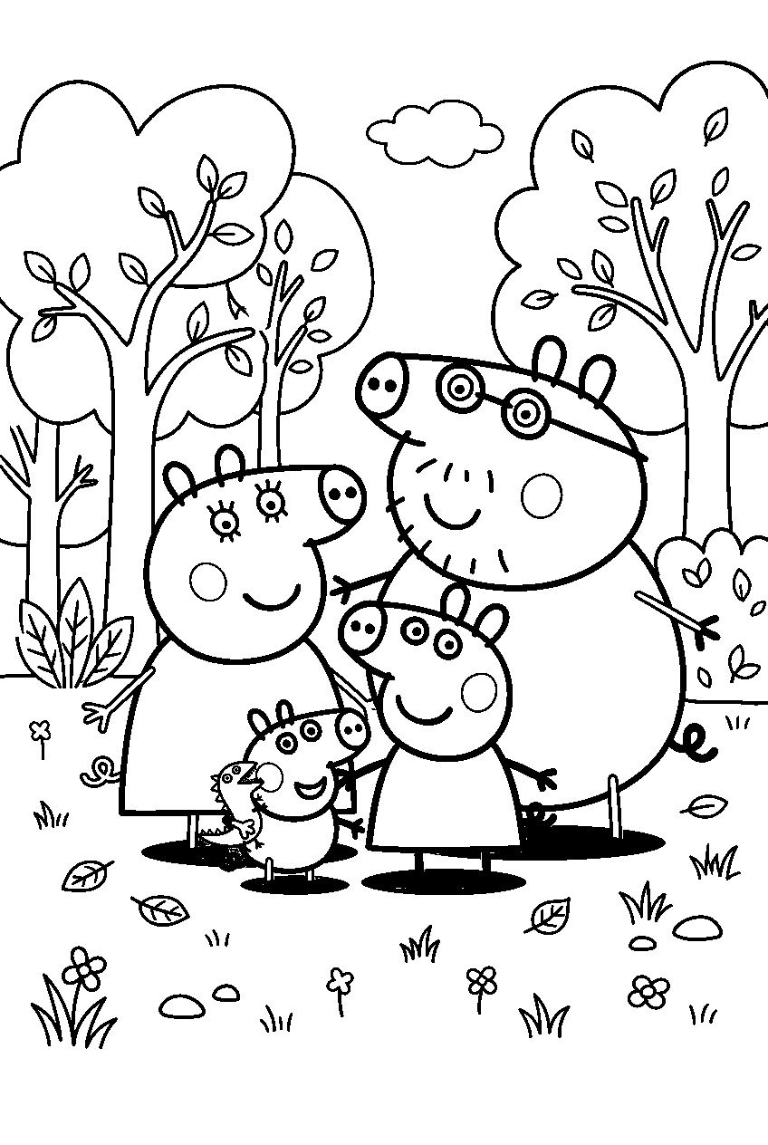 peppa pig family in woodland clearing line art