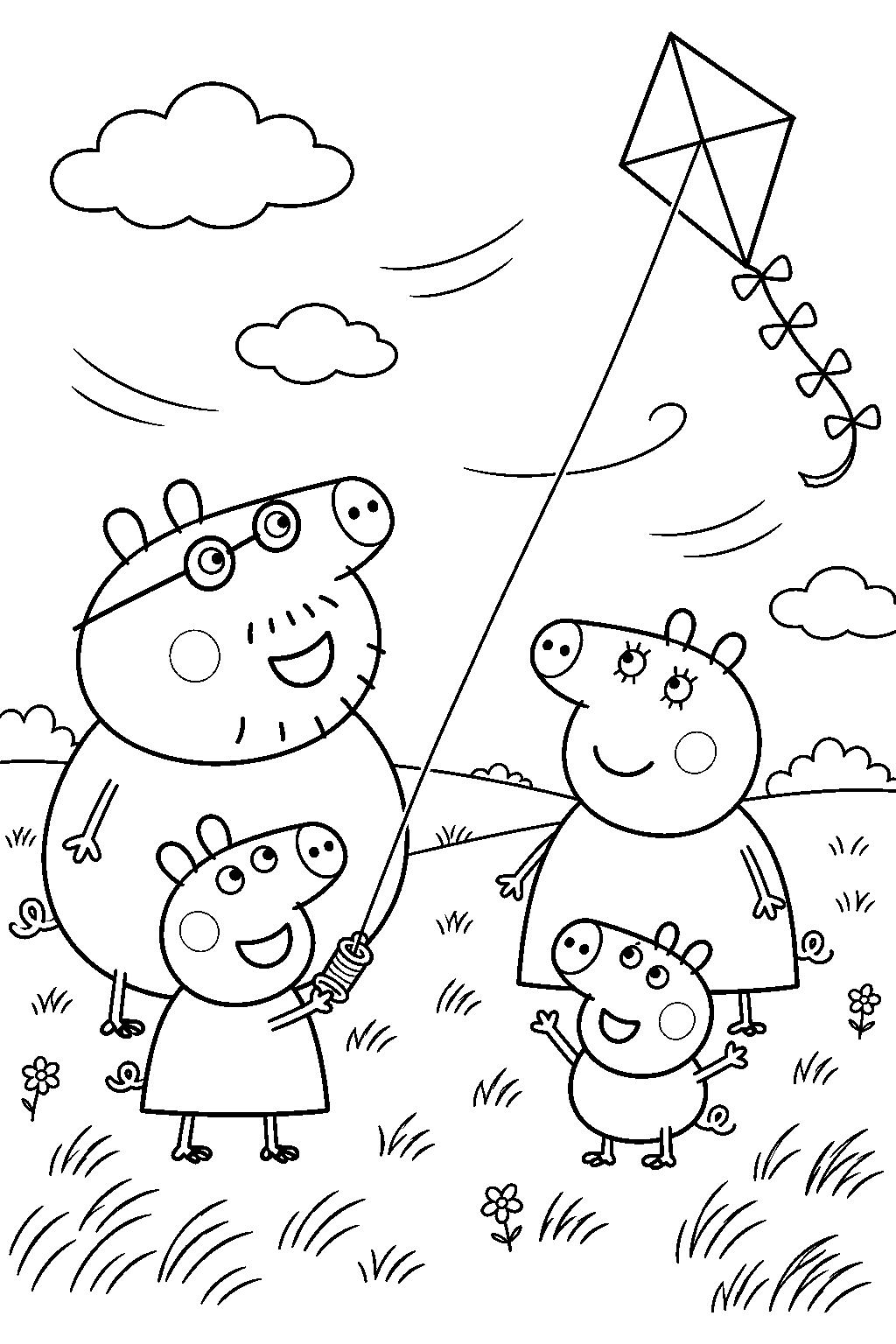 peppa pig flying a kite with george mummy pig and daddy pig in a windy field line art