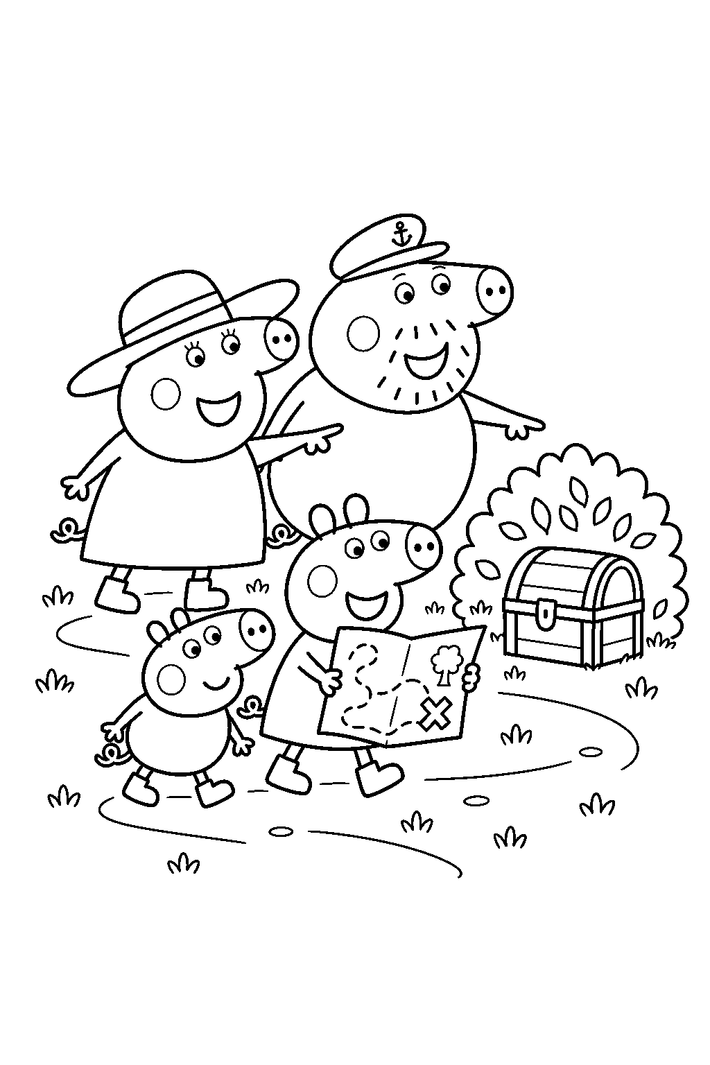 peppa pig following a treasure map with george while granny pig and grandpa pig guide a garden treasure hunt line art