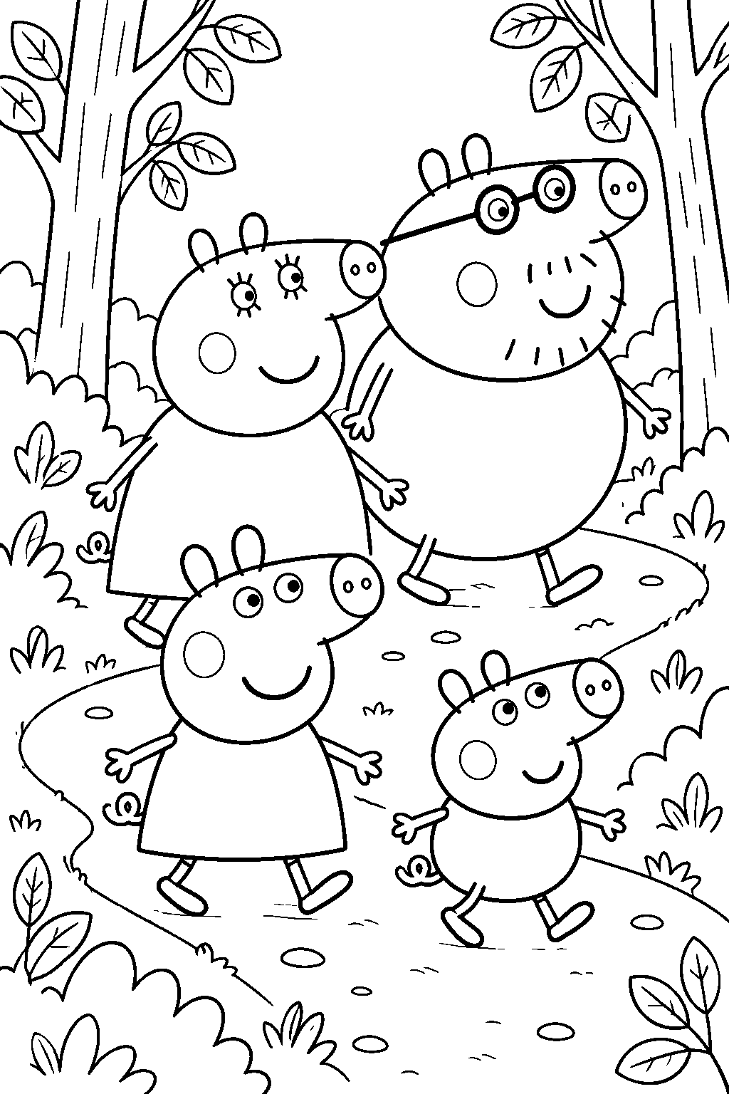 peppa pig following a woodland nature trail with george mummy pig and daddy pig line art