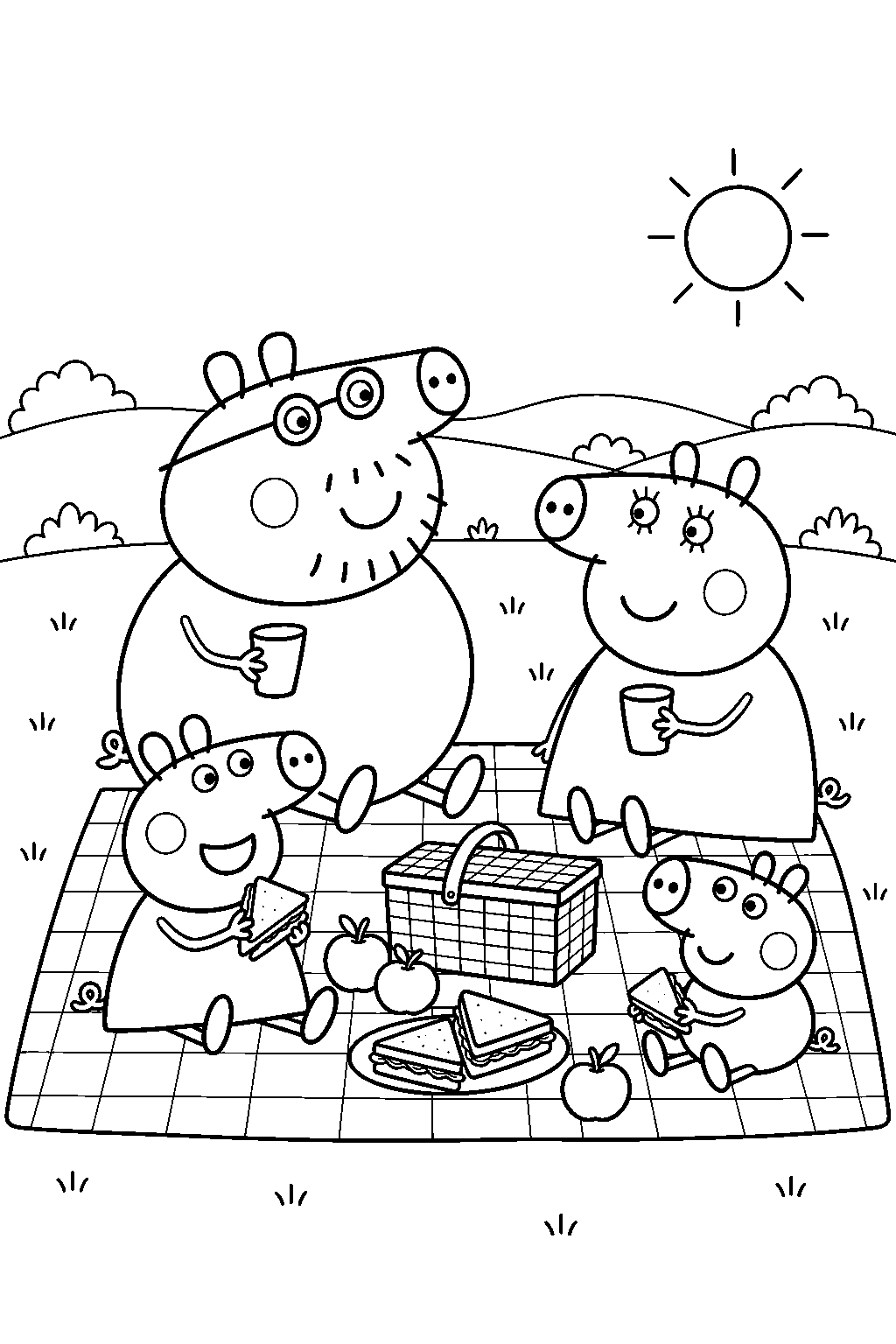 peppa pig having a countryside picnic with george mummy pig and daddy pig on a picnic blanket line art