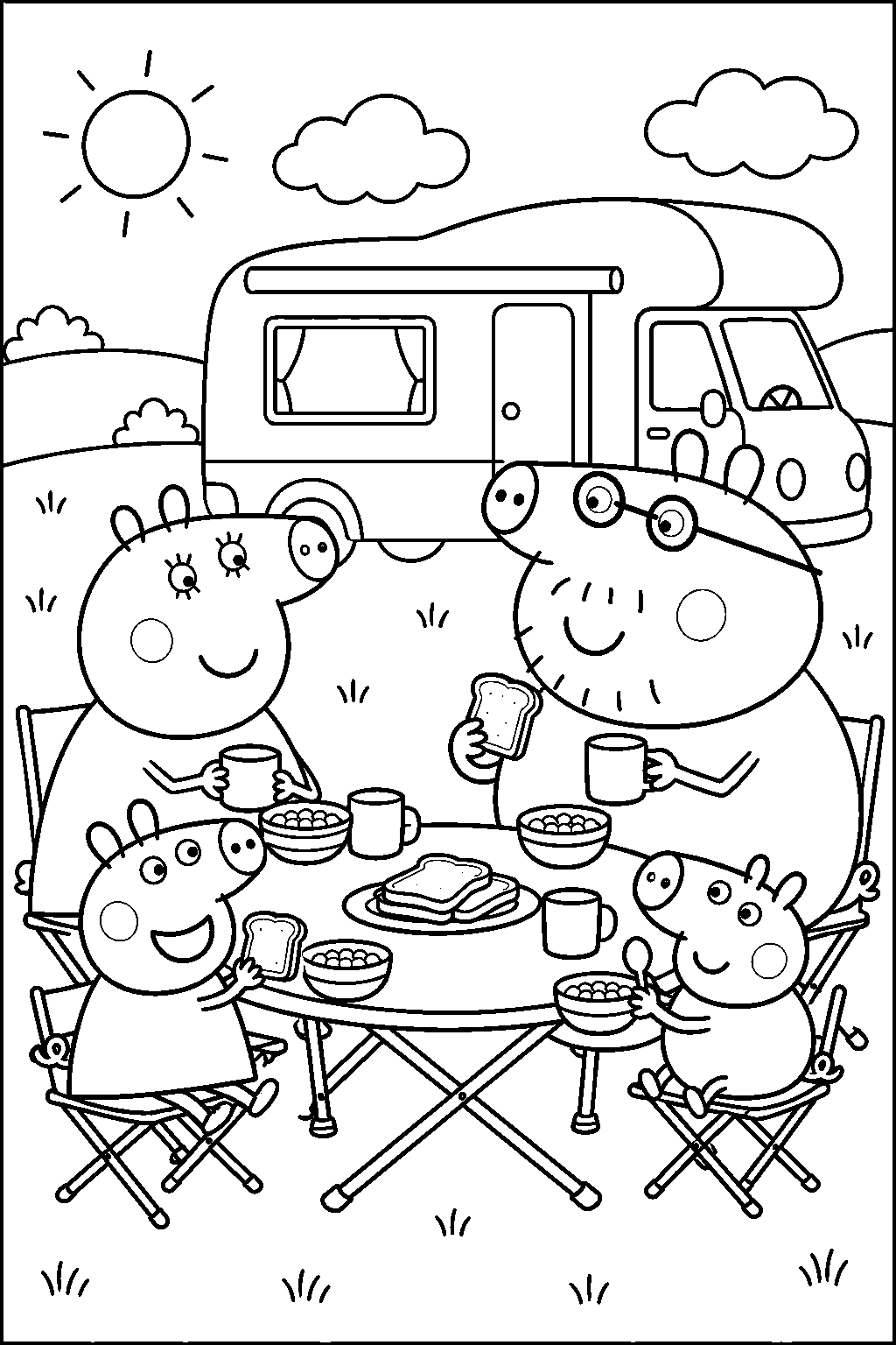 peppa pig having breakfast with george mummy pig and daddy pig outside their camper van on holiday line art