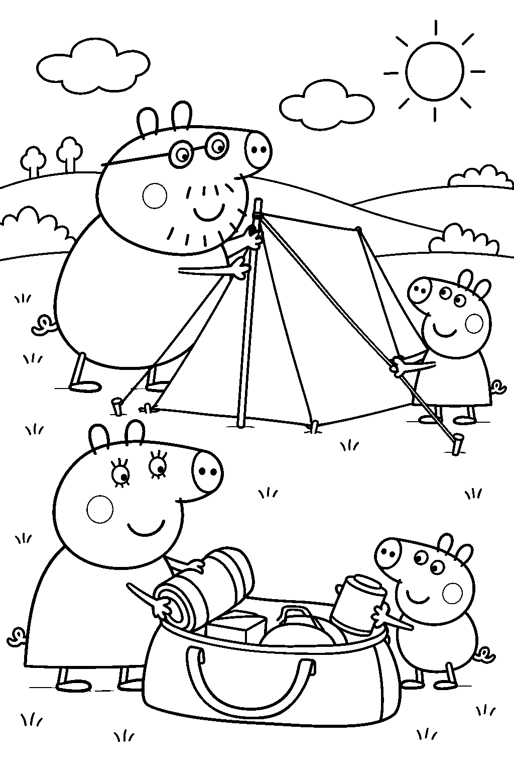 peppa pig helping daddy pig put up a camping tent while george and mummy pig unpack in the countryside line art