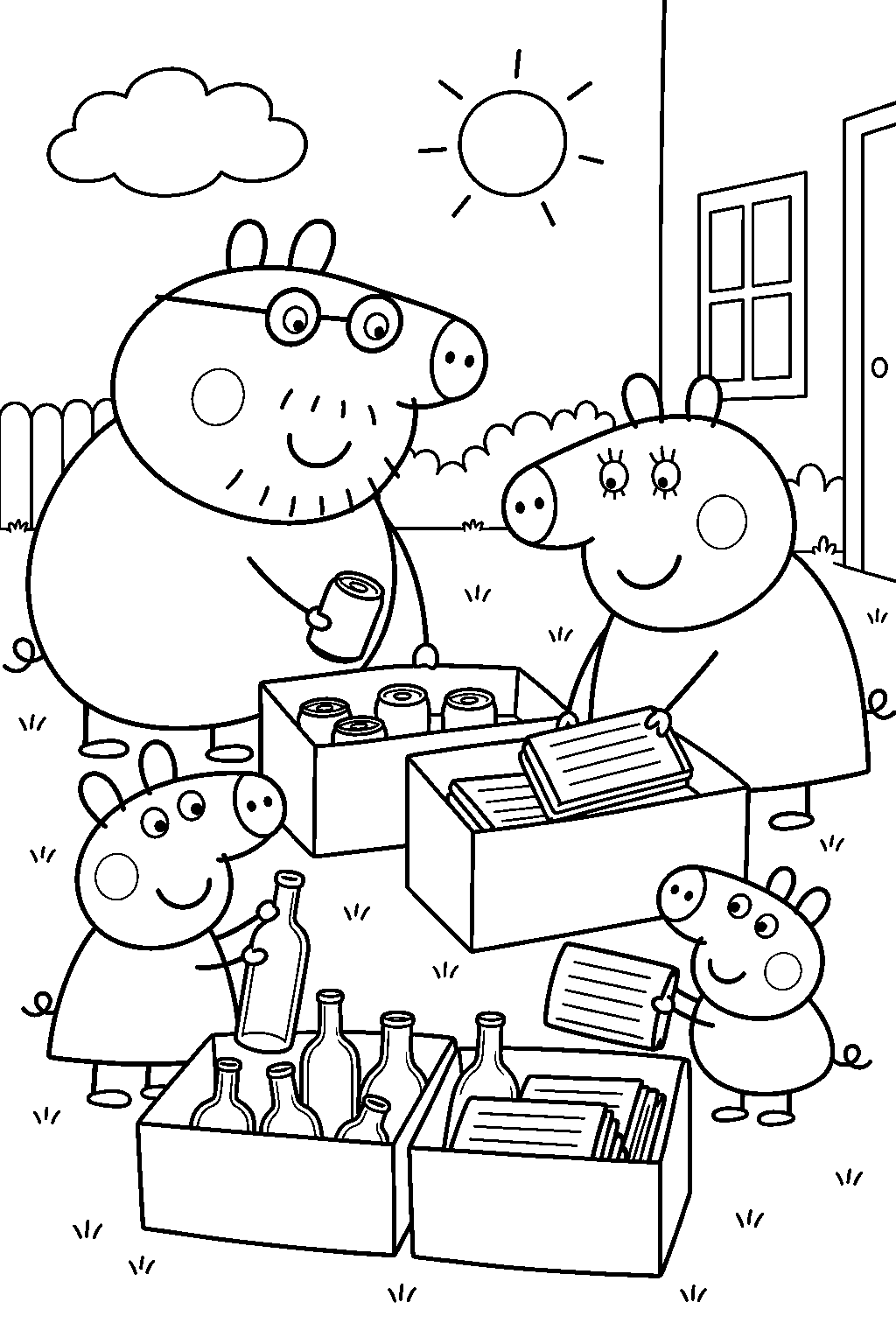 peppa pig helping george mummy pig and daddy pig sort bottles and newspapers for recycling line art