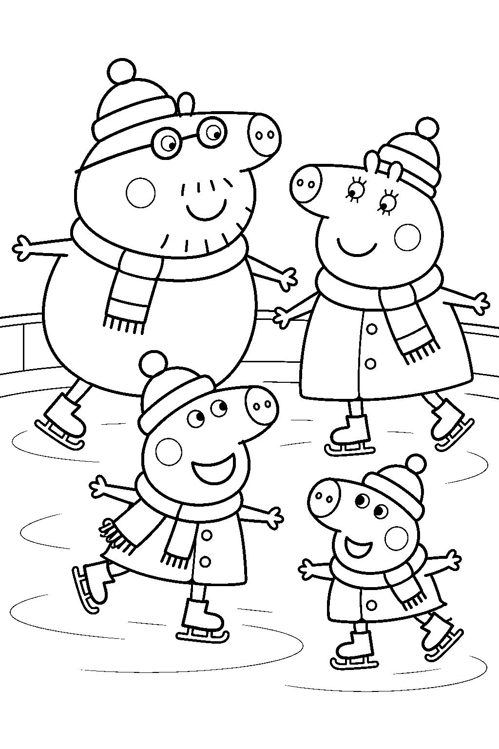 peppa pig ice skating with george mummy pig and daddy pig at the ice rink line art