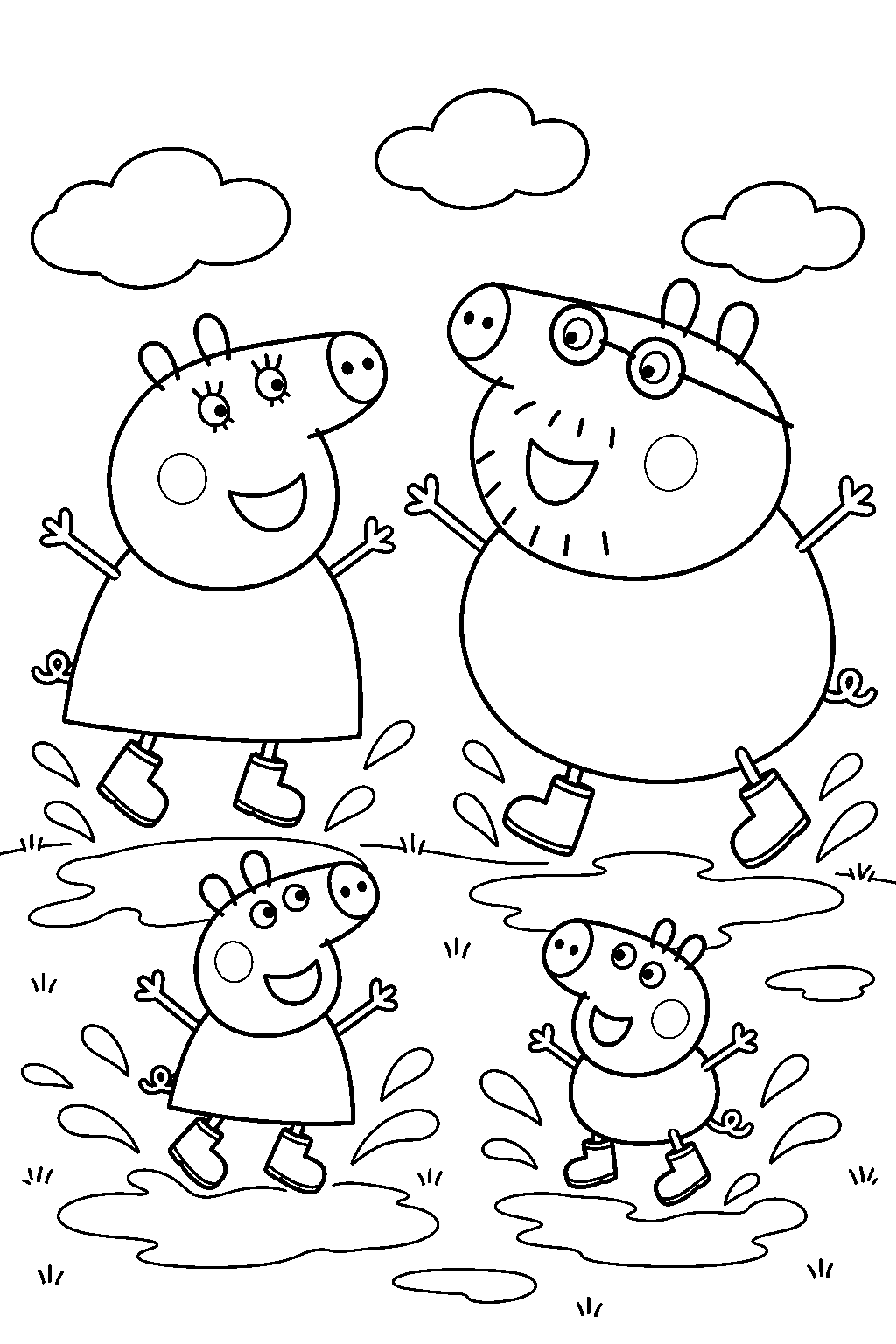 peppa pig jumping in muddy puddles with george mummy pig and daddy pig after the rain line art