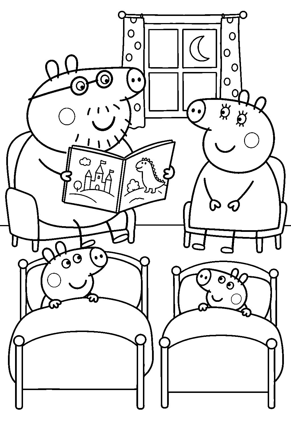 peppa pig listening to daddy pig s bedtime story with george while mummy pig sits beside their beds line art