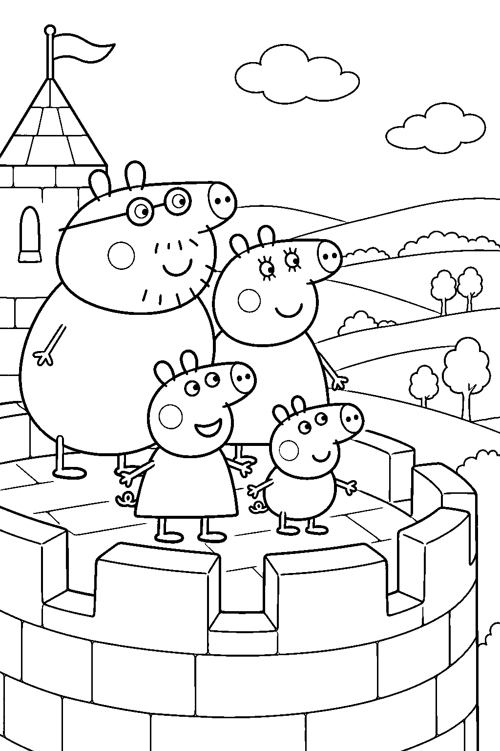 peppa pig looking across the countryside with george mummy pig and daddy pig from windy castle line art
