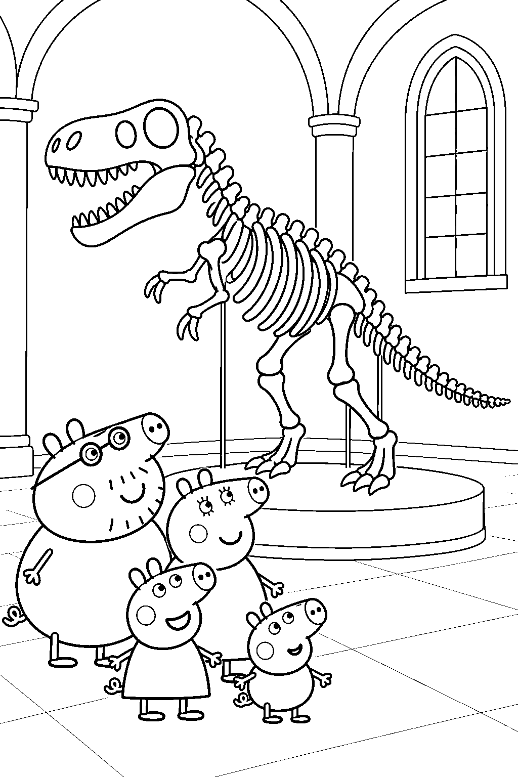 peppa pig looking at a dinosaur skeleton with george mummy pig and daddy pig in the museum line art