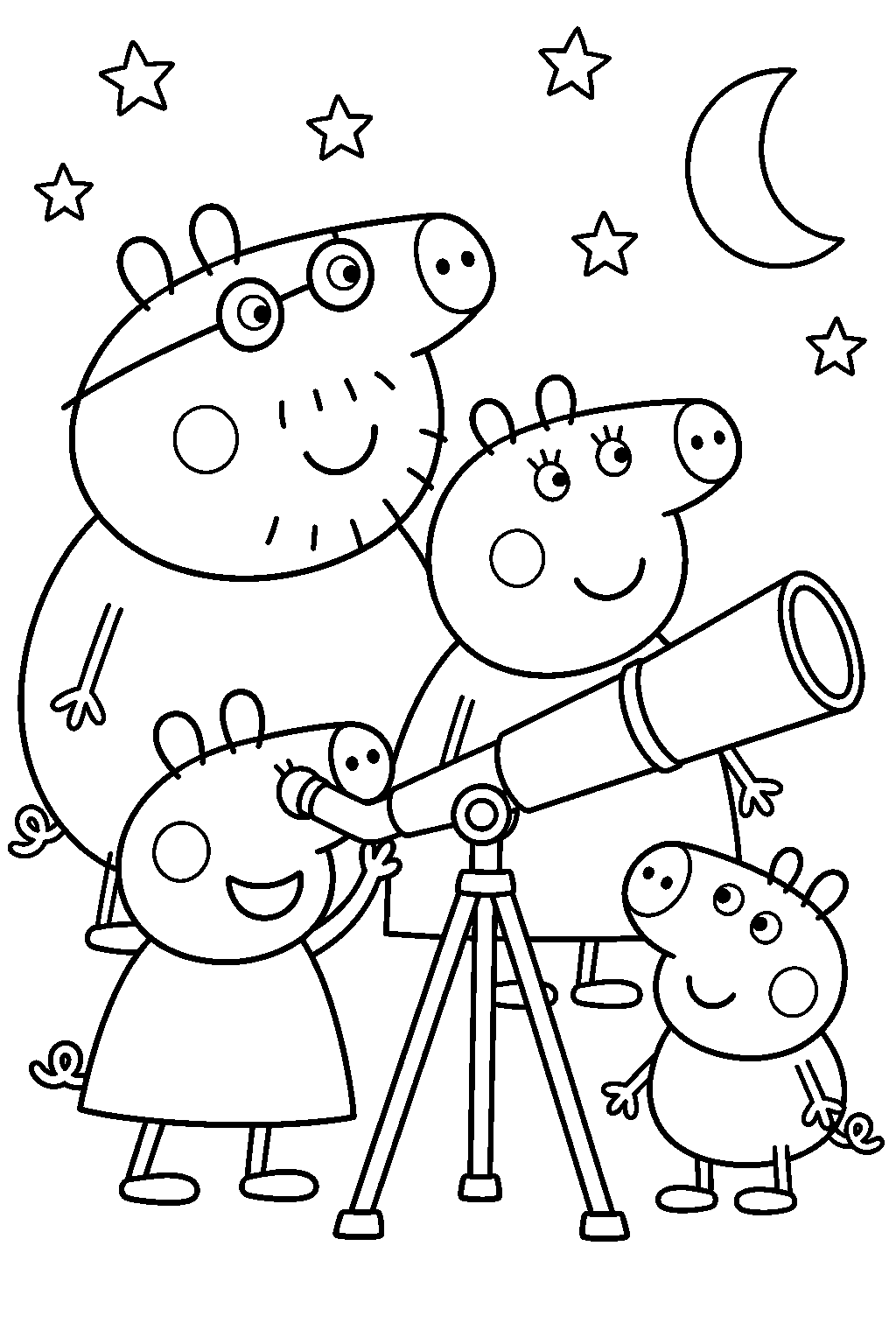 peppa pig looking through a telescope at the stars with george mummy pig and daddy pig line art