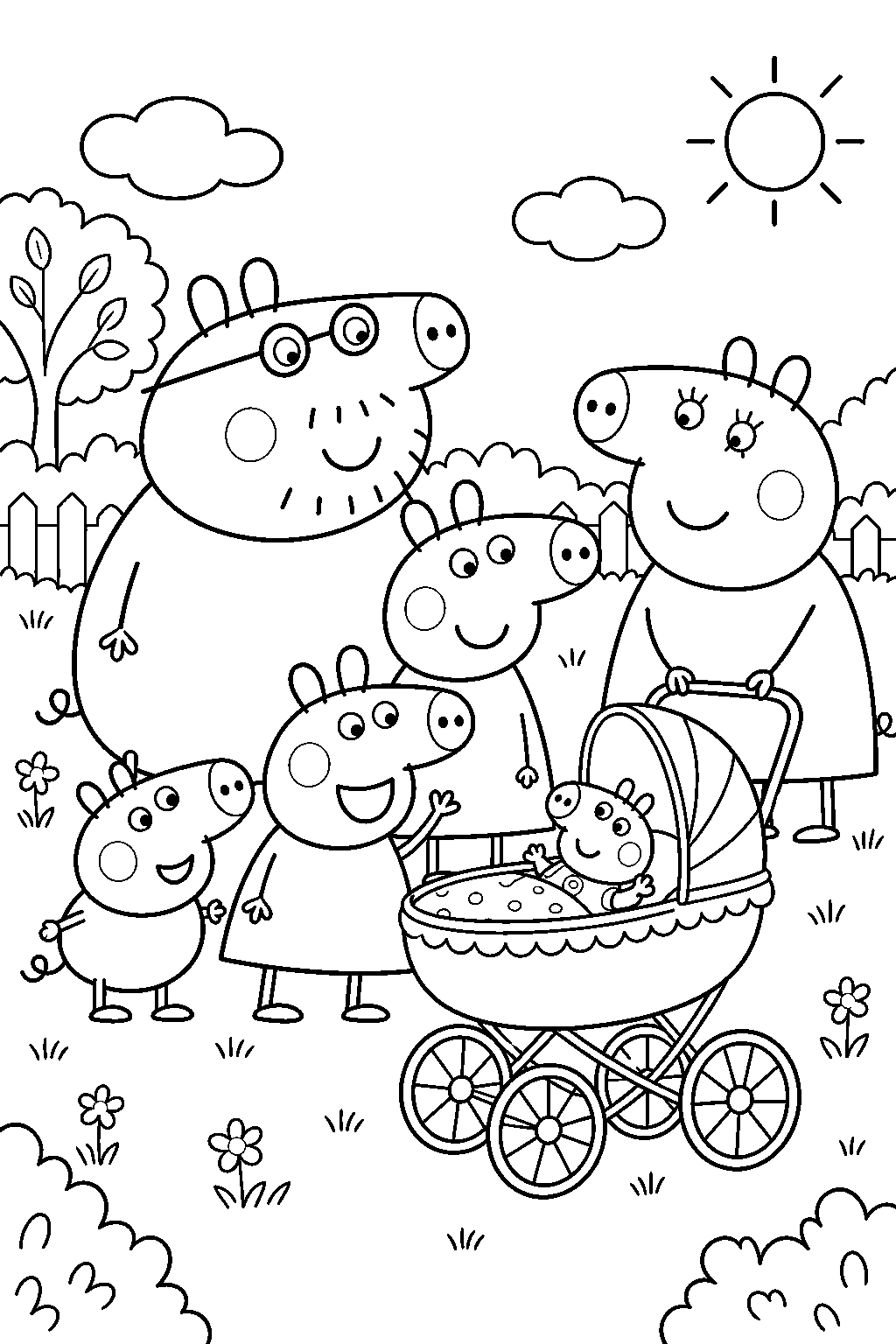 peppa pig meeting baby cousin alexander in his pram with george beside cousin chlo uncle pig and aunty pig line art