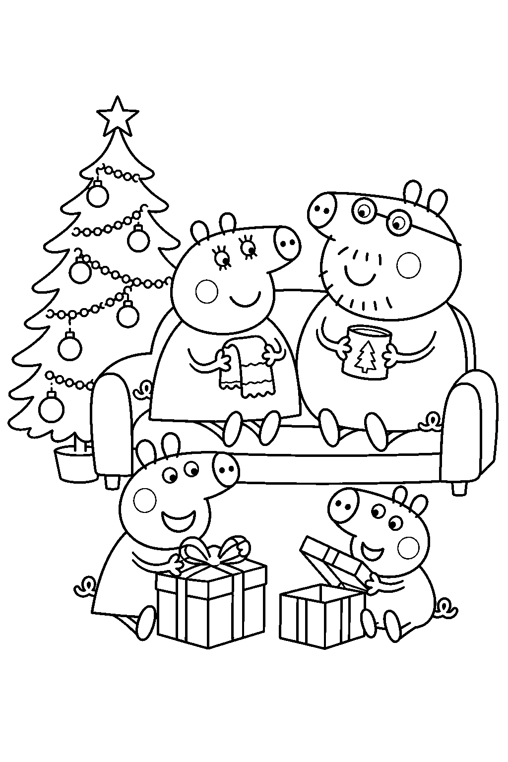 peppa pig opening christmas presents with george mummy pig and daddy pig beside the christmas tree line art