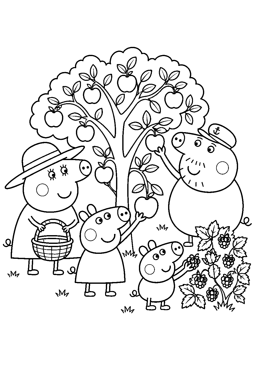 peppa pig picking apples and blackberries with george granny pig and grandpa pig in their garden line art
